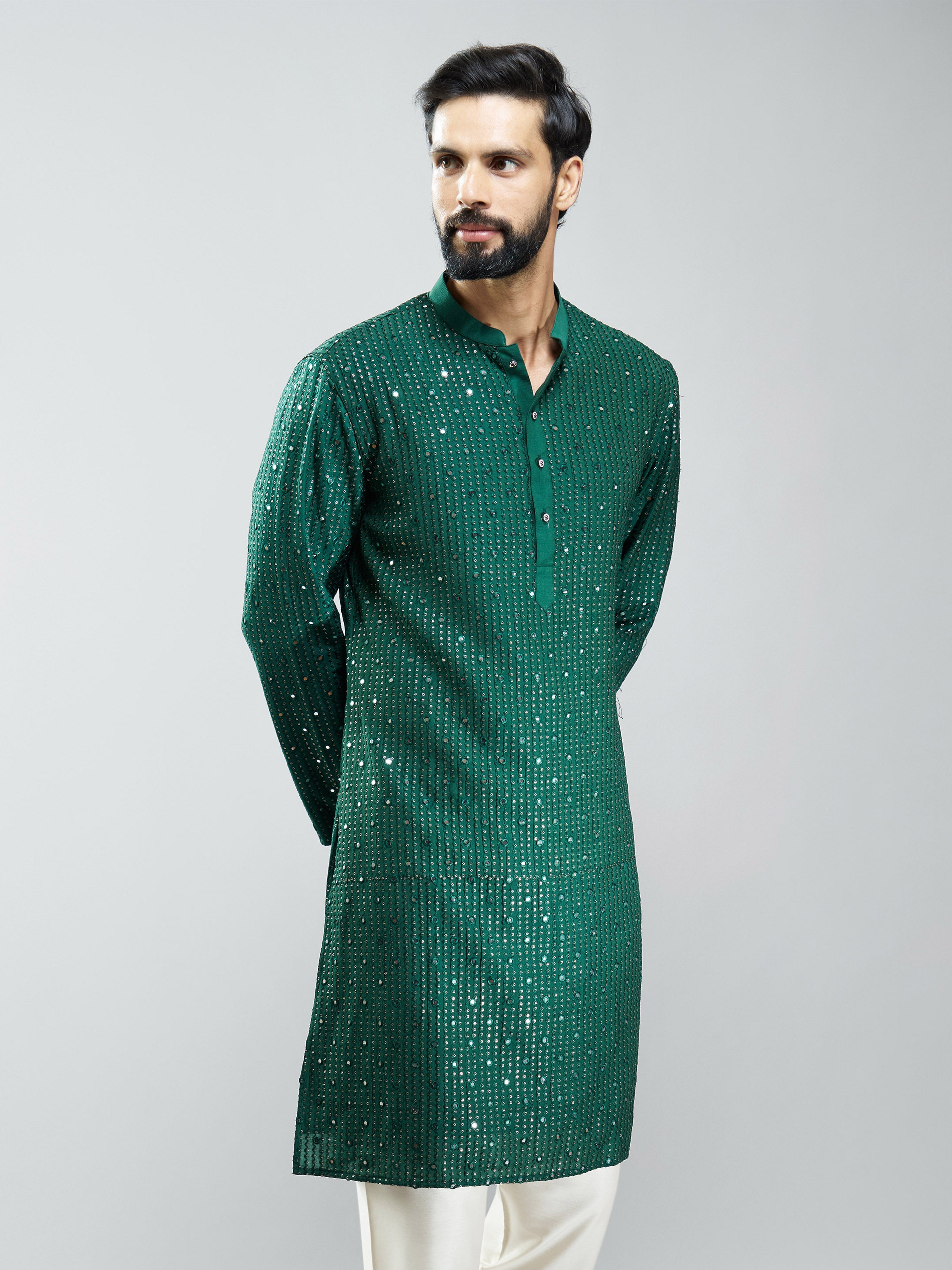 Men Bottle Green Silk Blend Mirror Work Long Kurta