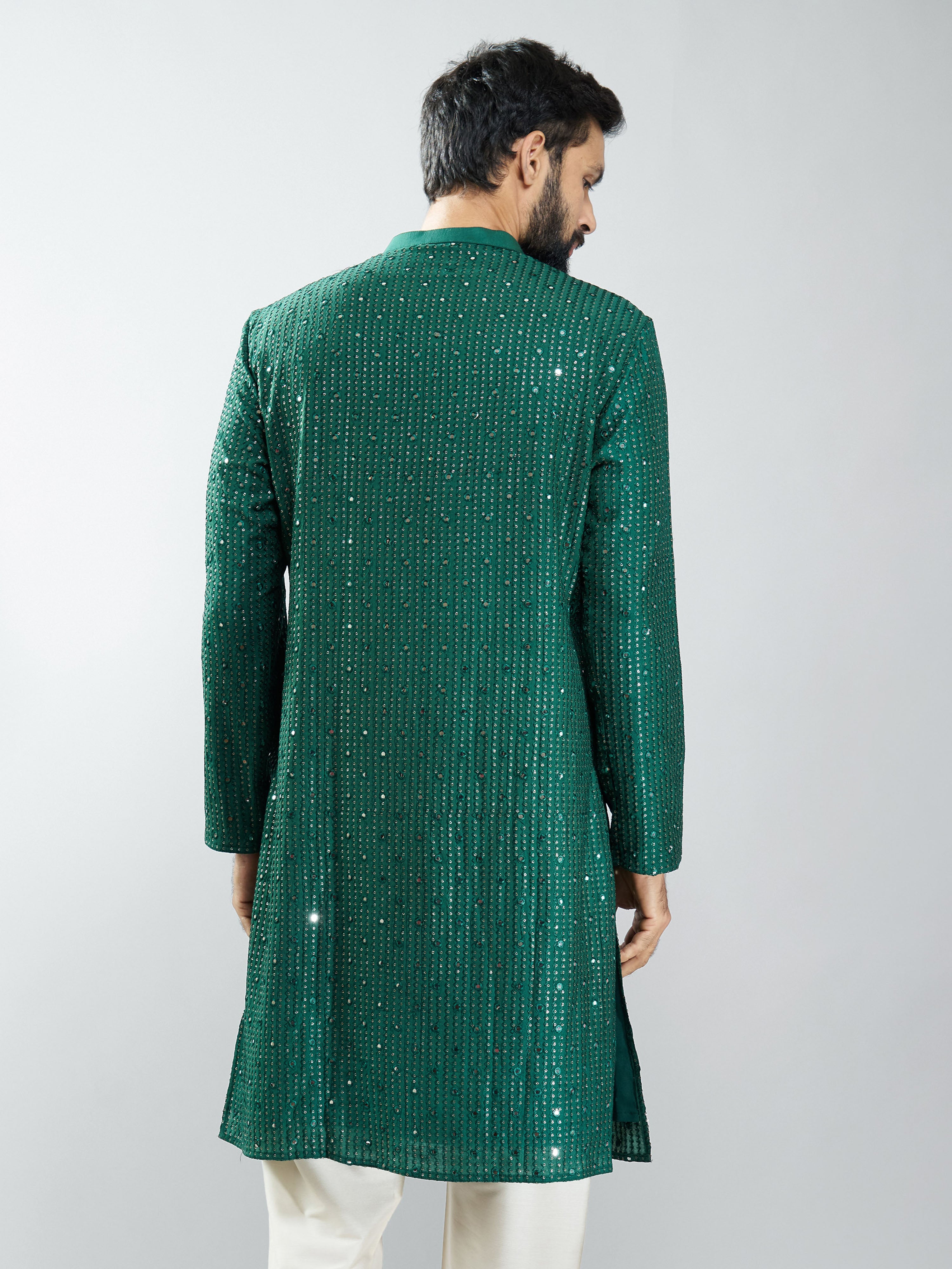 Men Bottle Green Silk Blend Mirror Work Long Kurta
