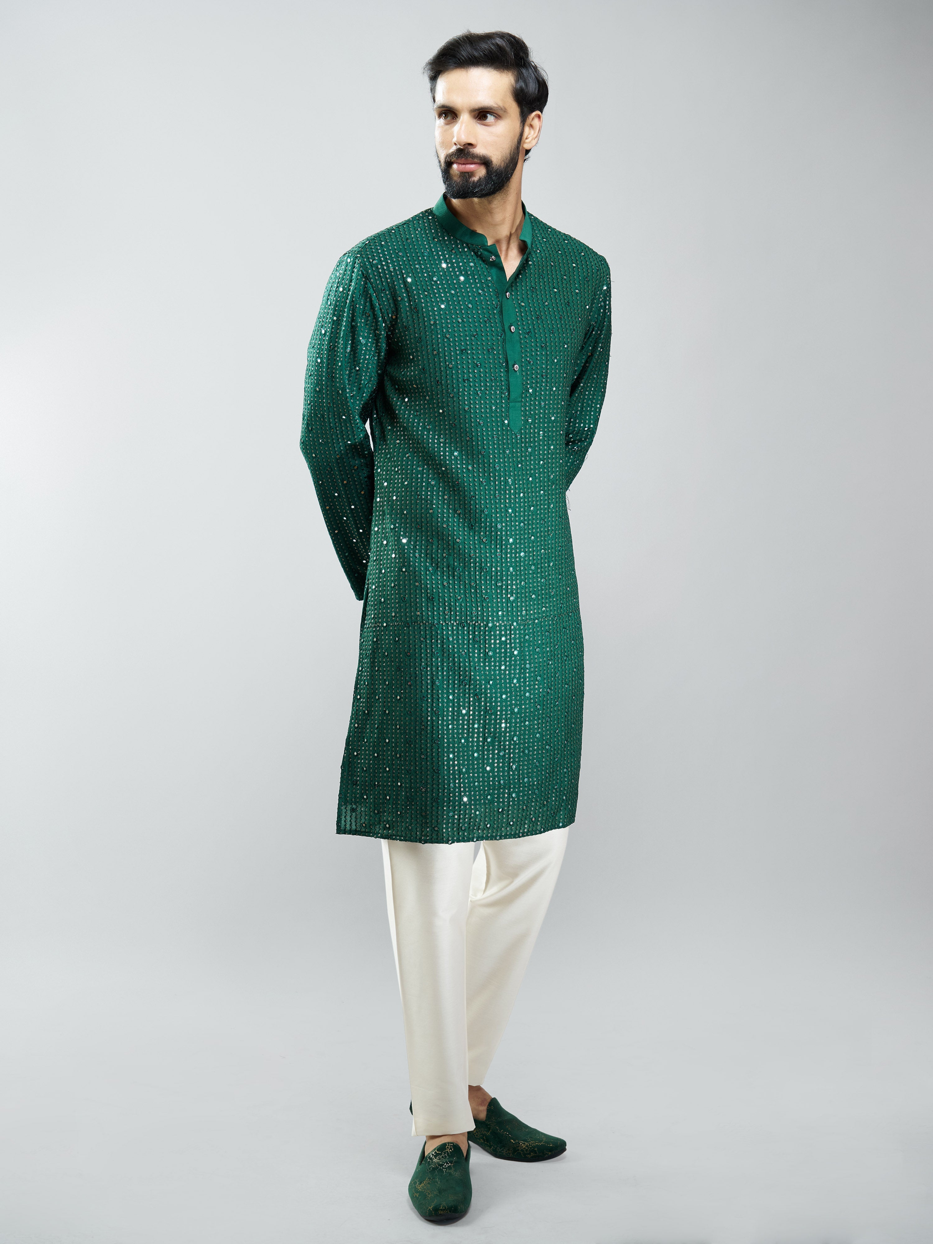Men Bottle Green Silk Blend Mirror Work Long Kurta