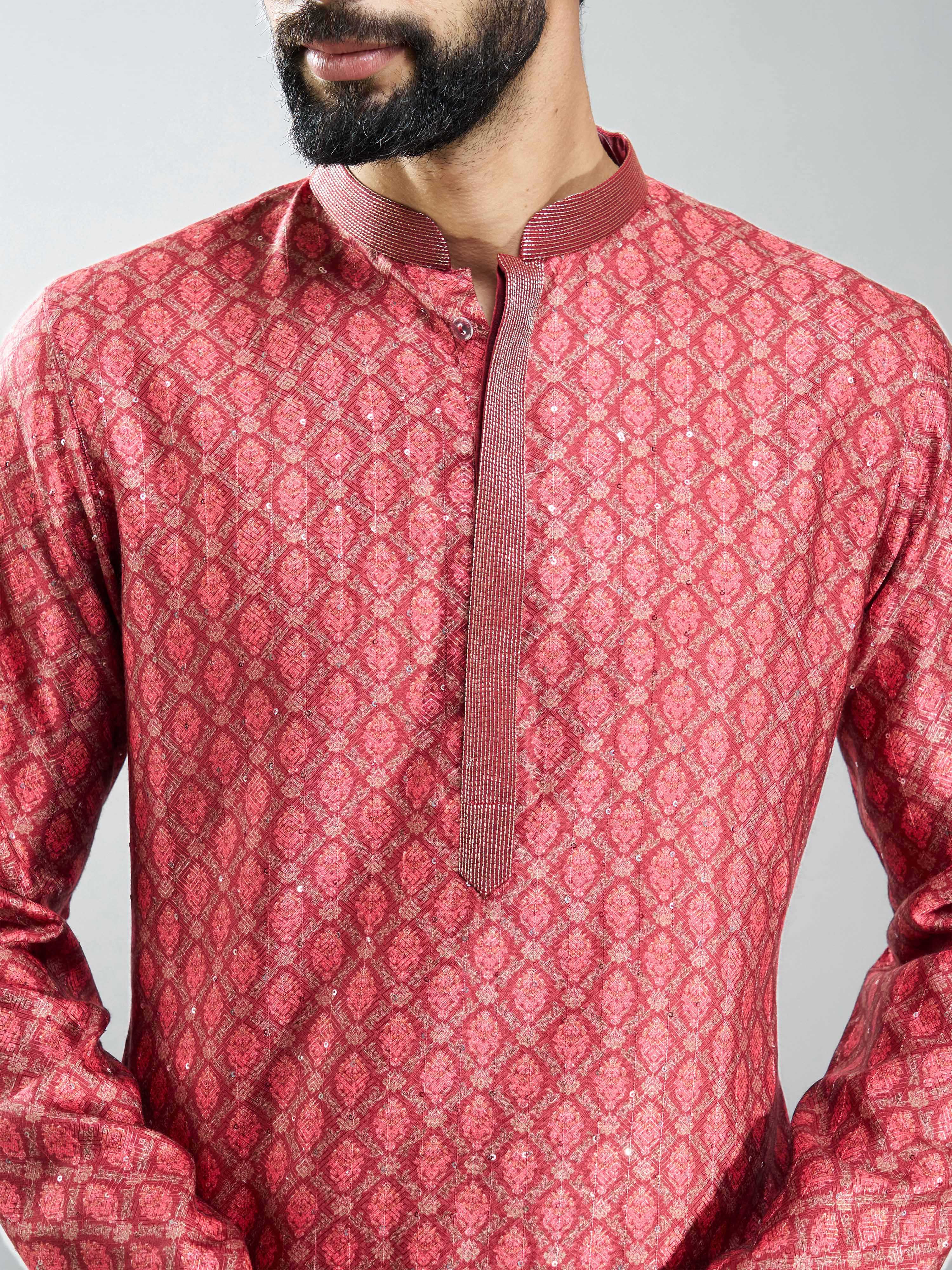 Men Maroon Silk Blend Digital Print Kurta with Sequin Work