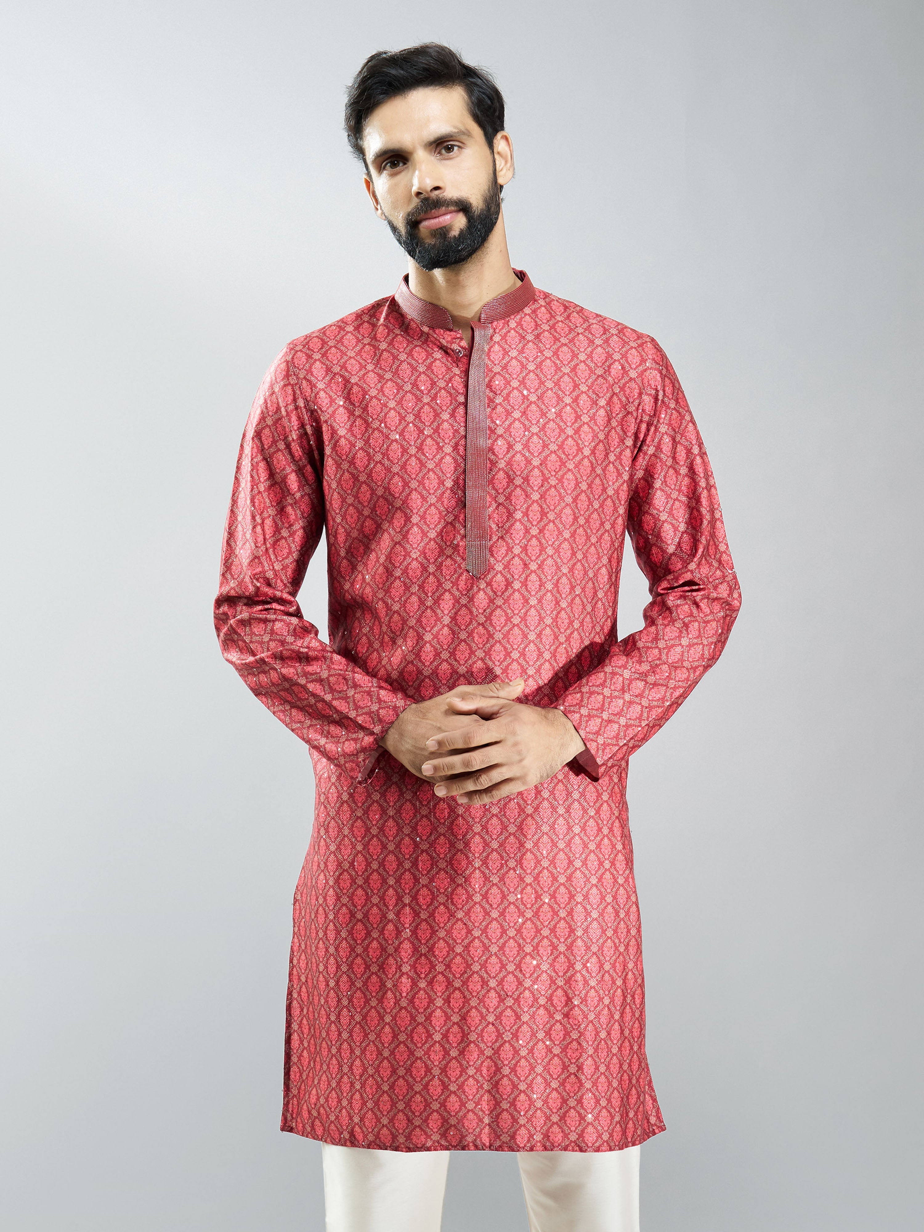 Men Maroon Silk Blend Digital Print Kurta with Sequin Work