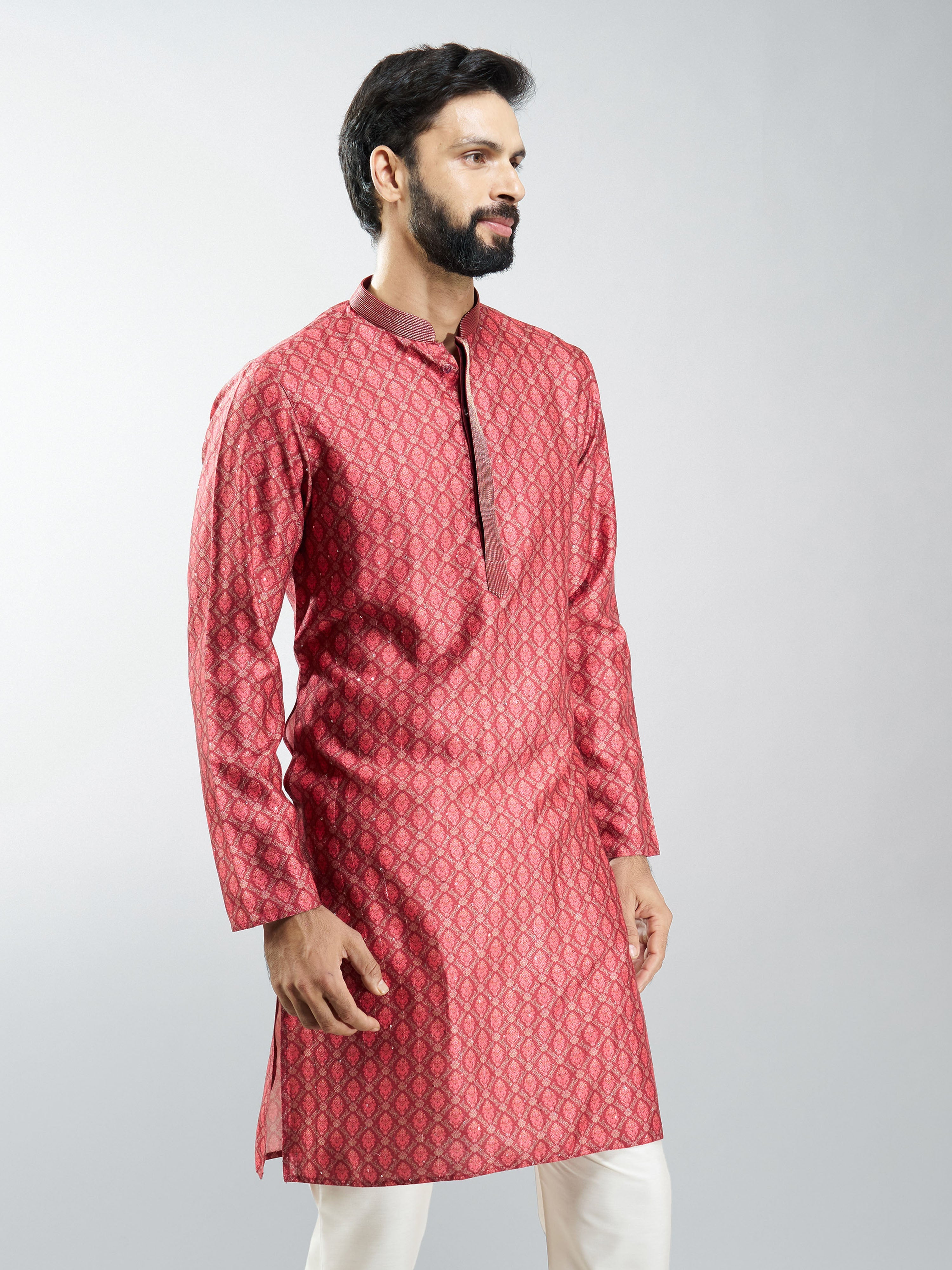 Men Maroon Silk Blend Digital Print Kurta with Sequin Work