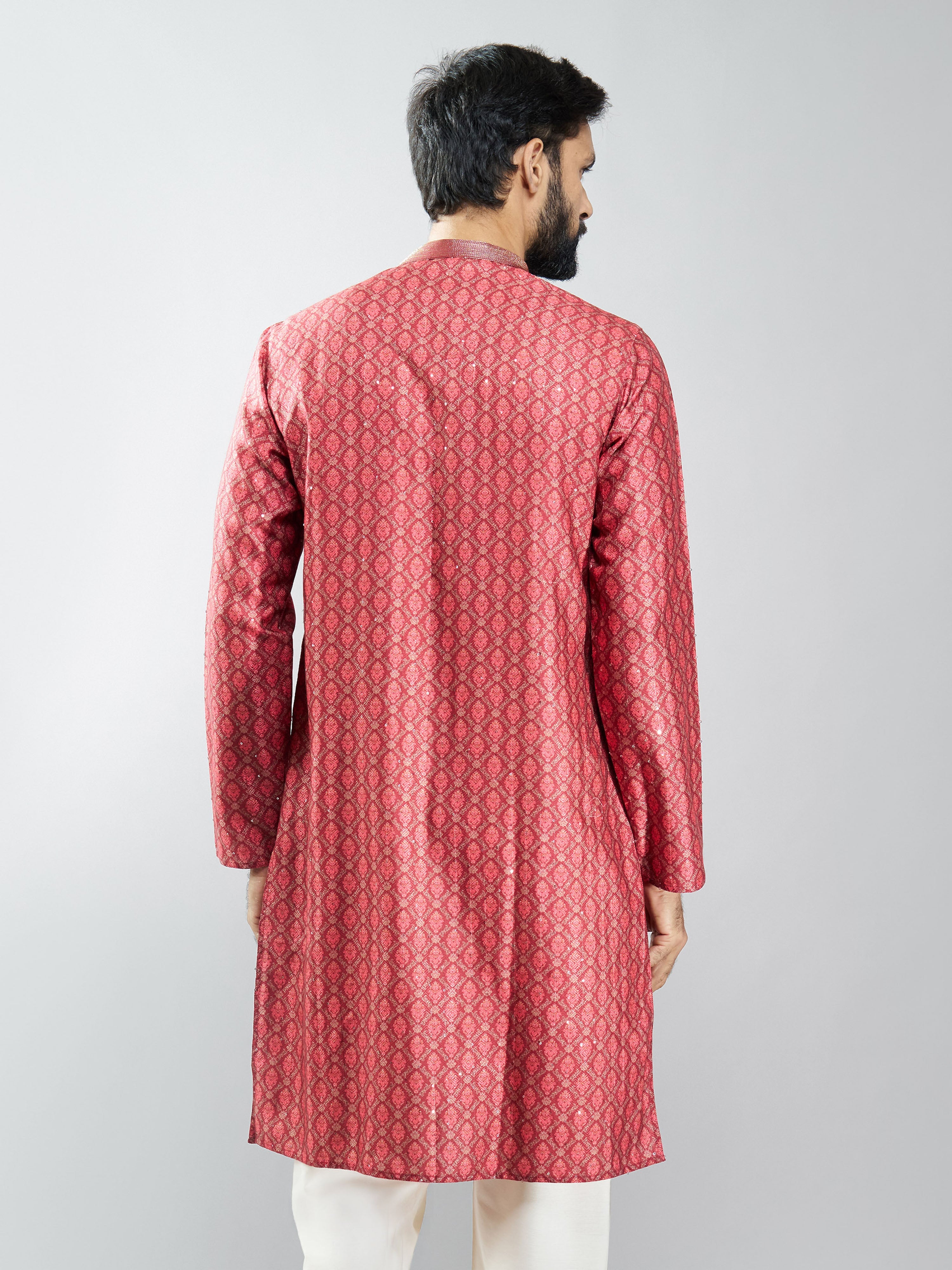 Men Maroon Silk Blend Digital Print Kurta with Sequin Work