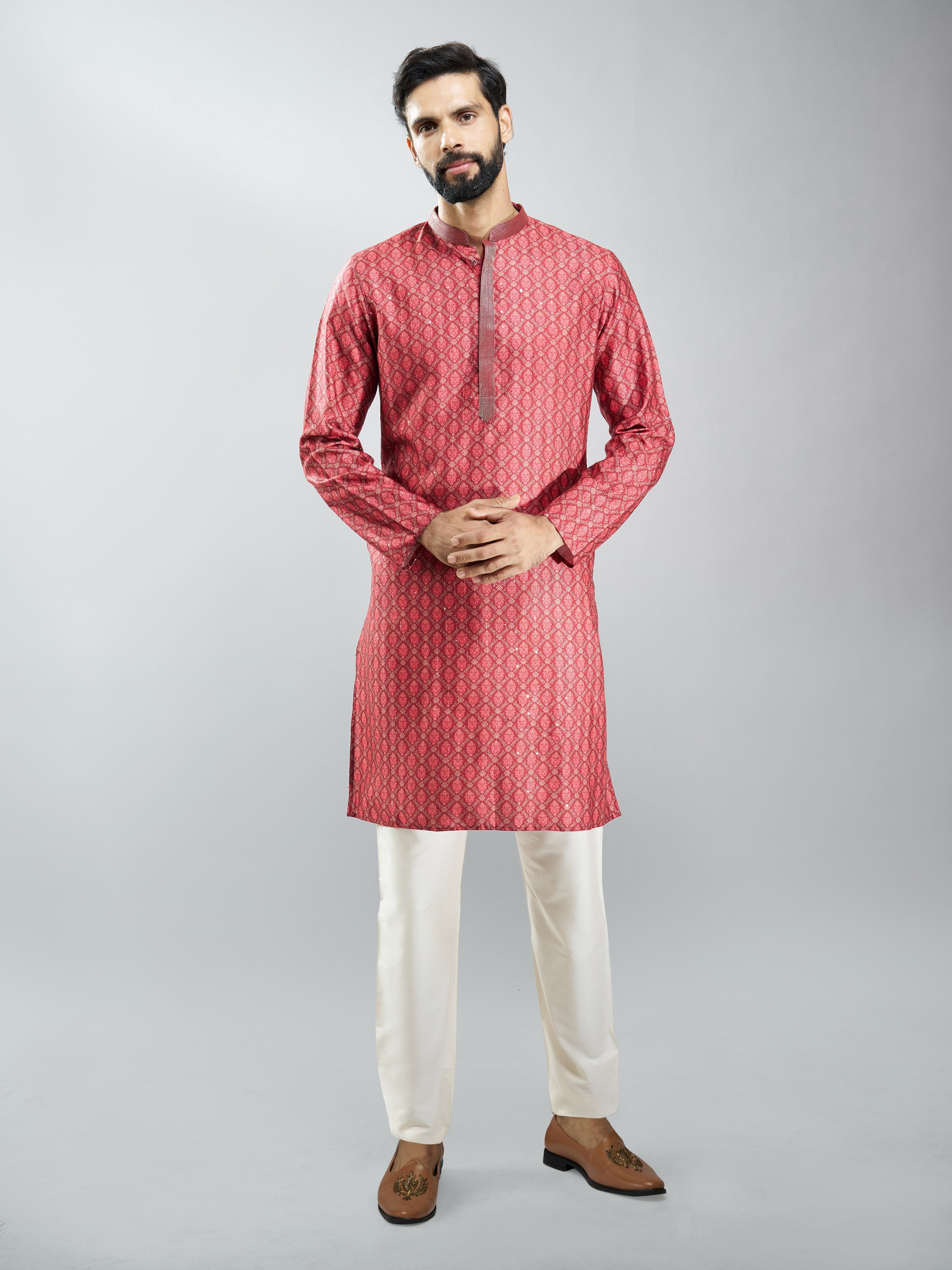 Men Maroon Silk Blend Digital Print Kurta with Sequin Work