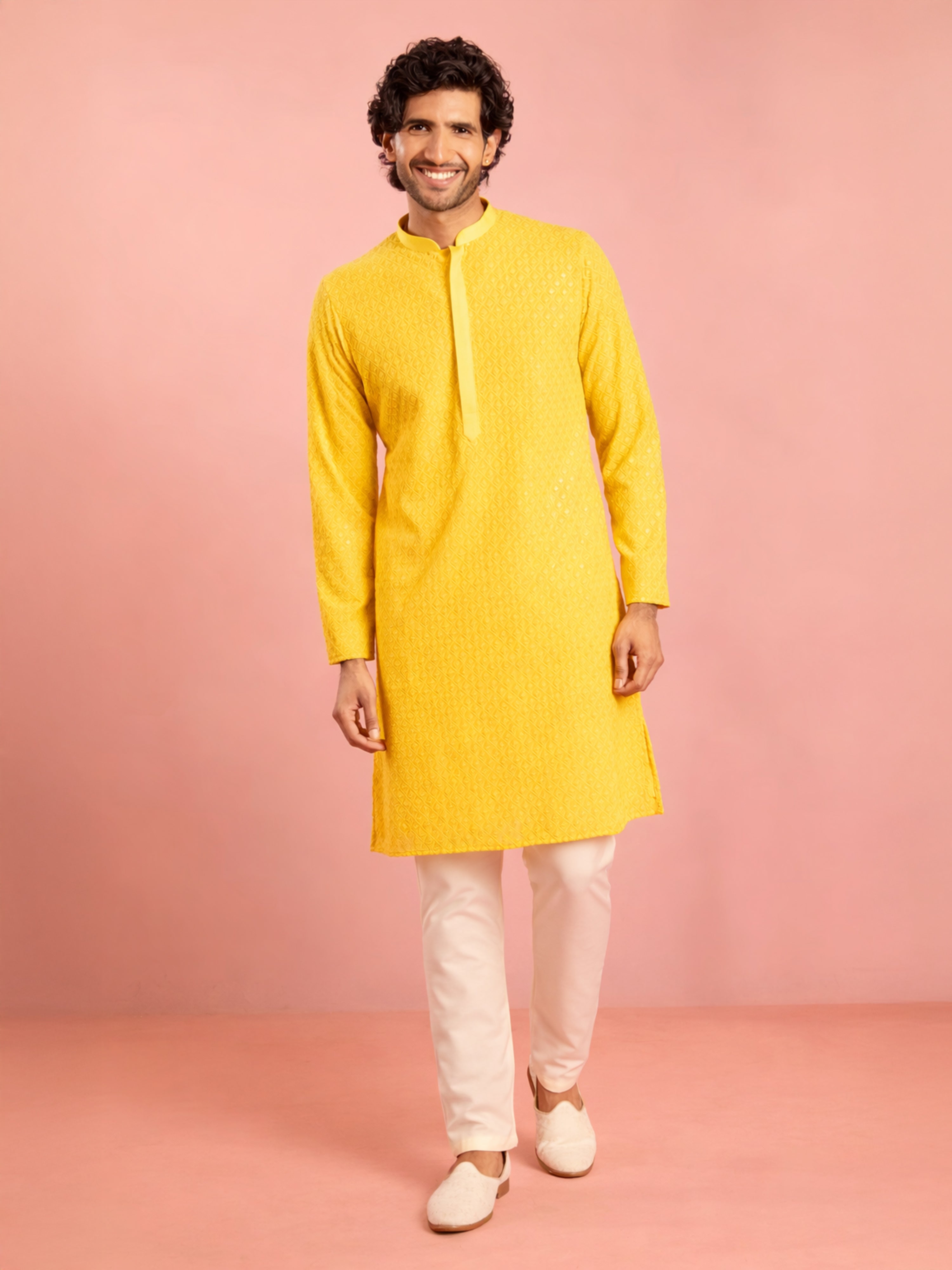 Men's Yellow Georgette Chikankari Embroidered Kurta with Cream Pyjama Set