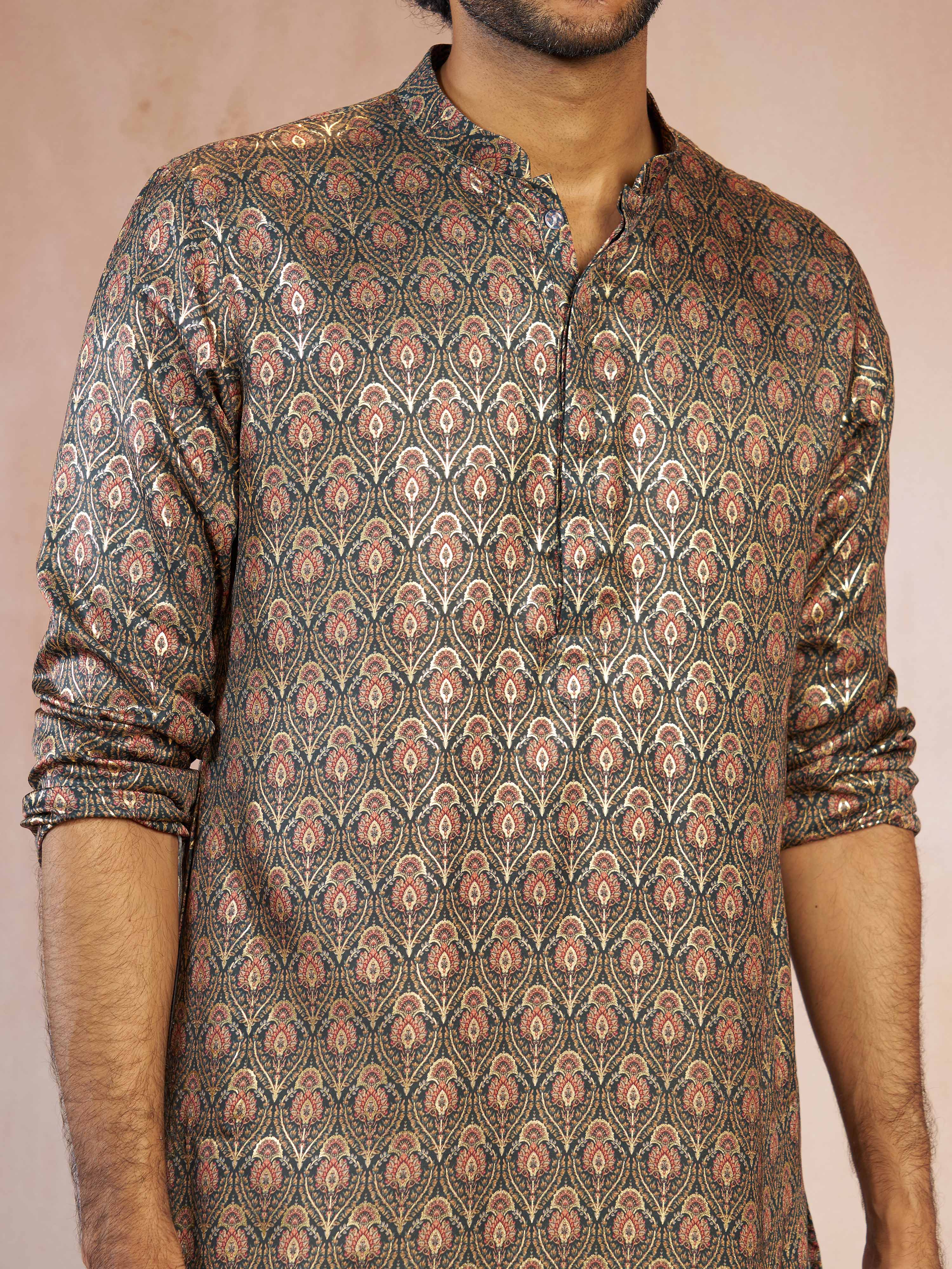 Men's Green Foil Print Silk Blend Straight Kurta with Cream Fine Satin Pyjama Set