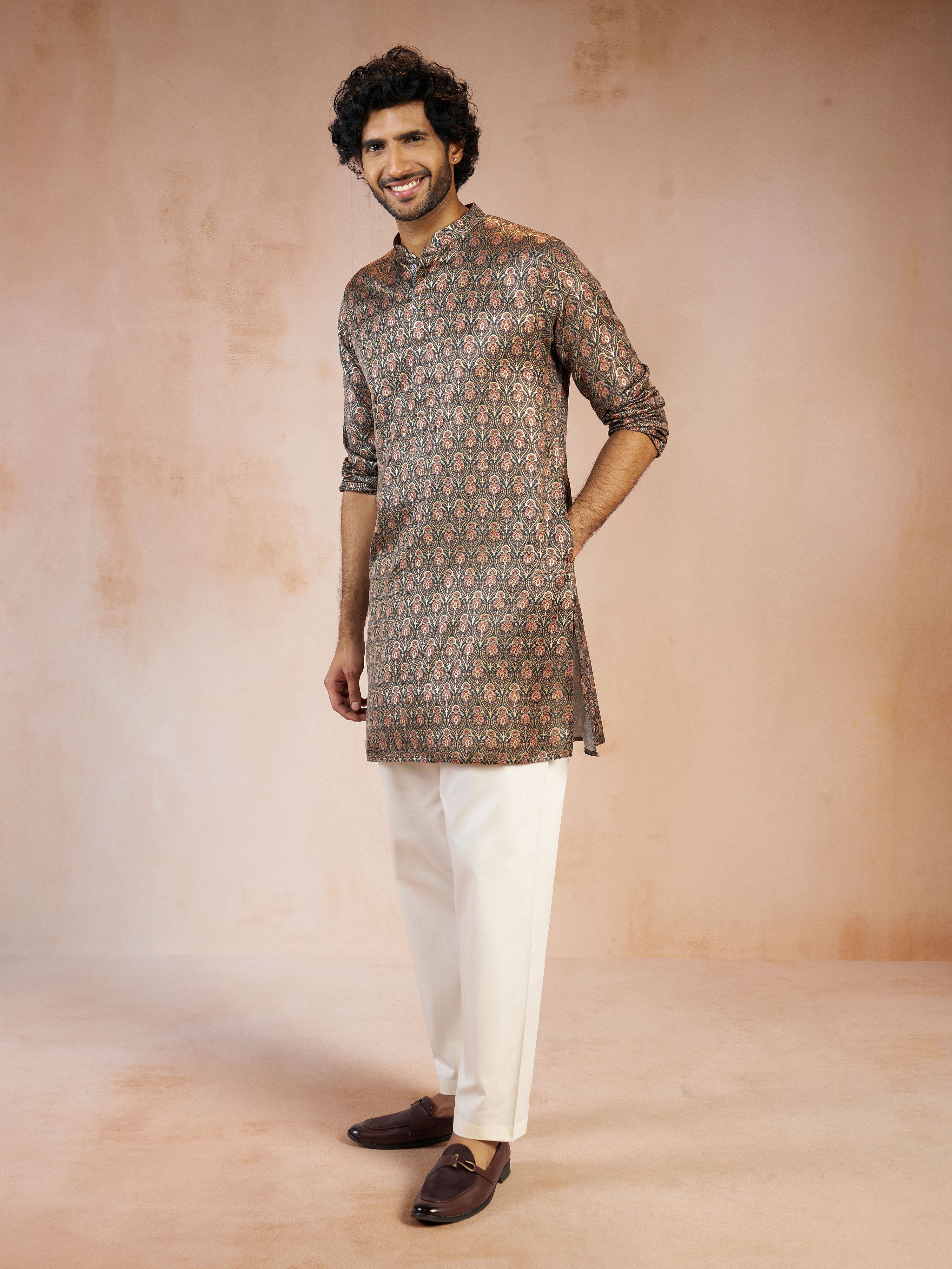 Men's Green Foil Print Silk Blend Straight Kurta with Cream Fine Satin Pyjama Set