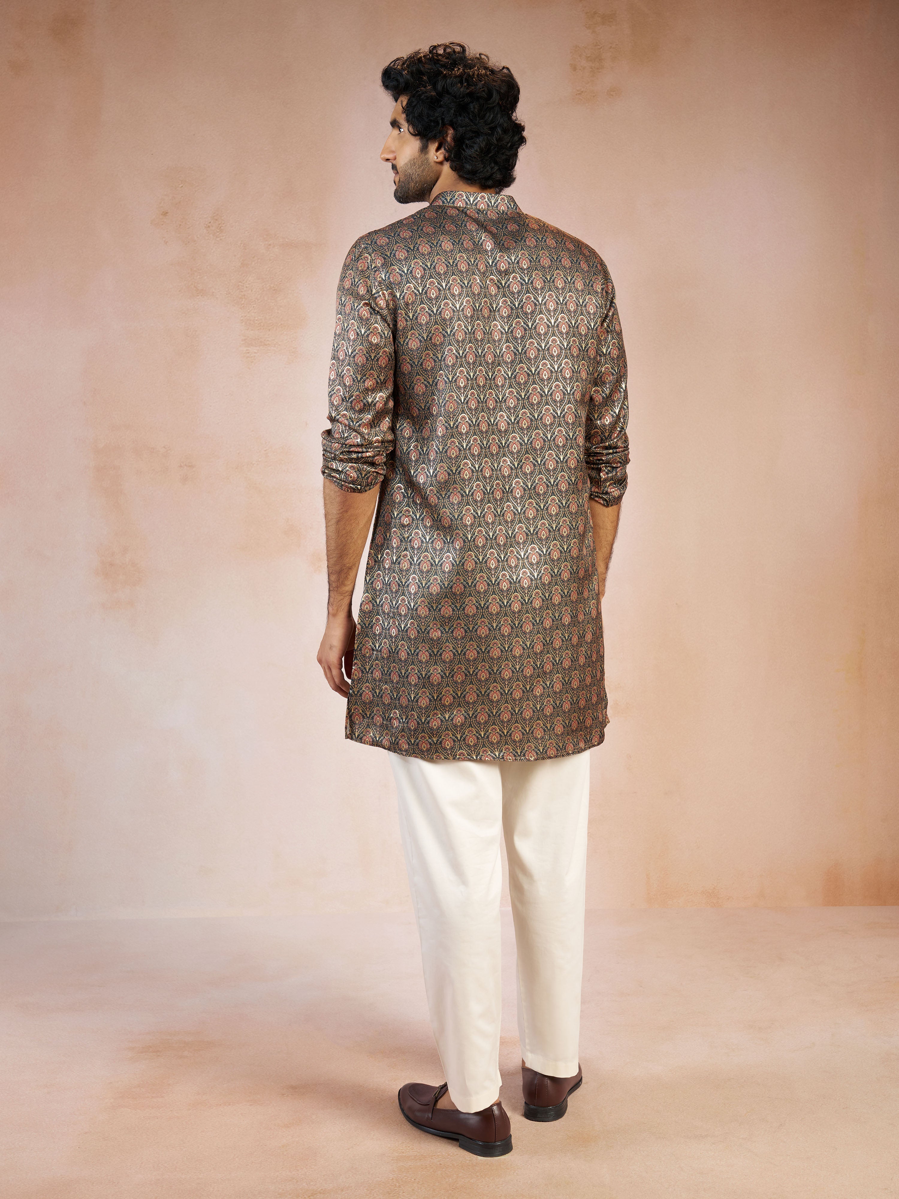 Men's Green Foil Print Silk Blend Straight Kurta with Cream Fine Satin Pyjama Set