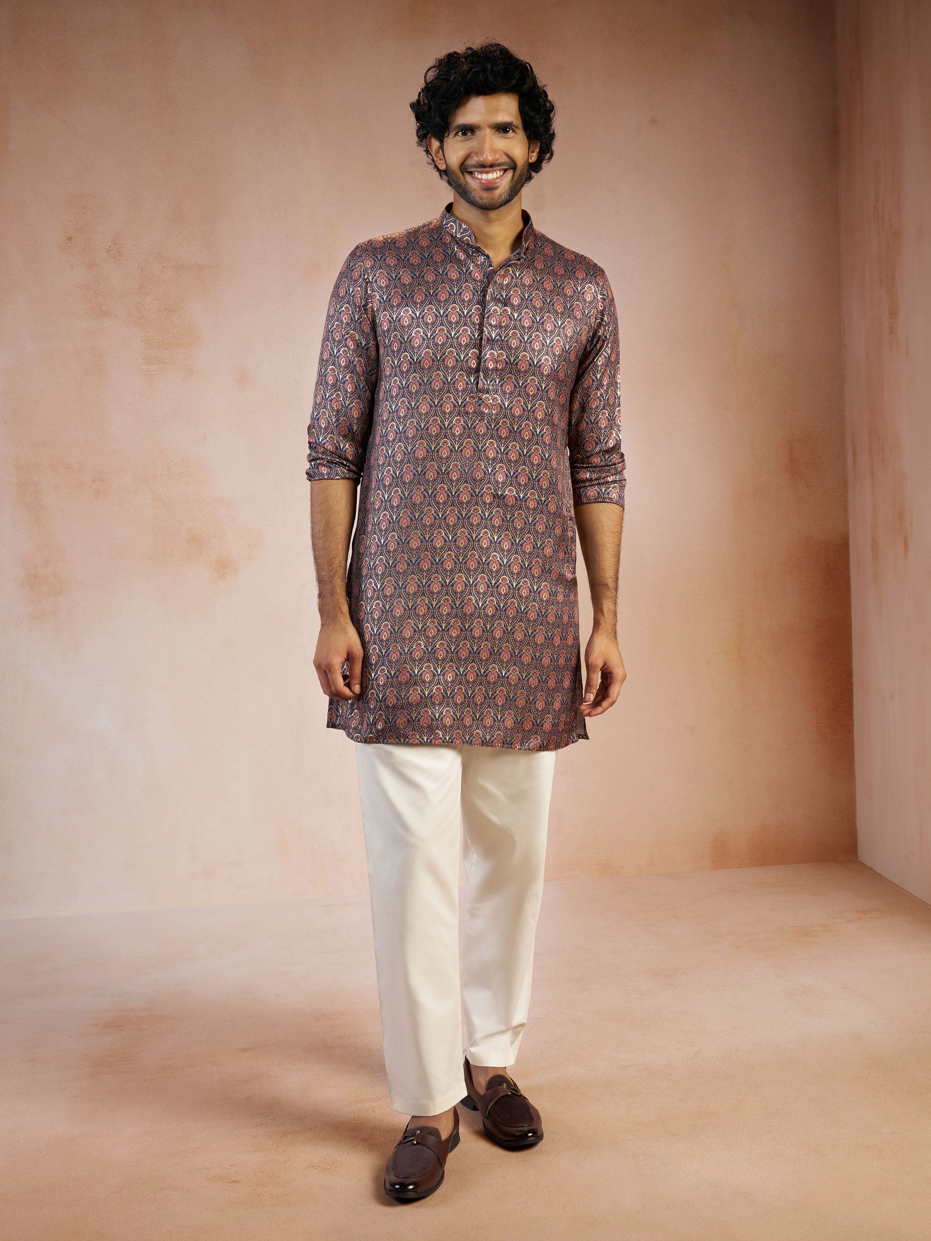 Men's Navy Blue Foil Print Silk Blend Straight Kurta with Cream Fine Satin Pyjama Set