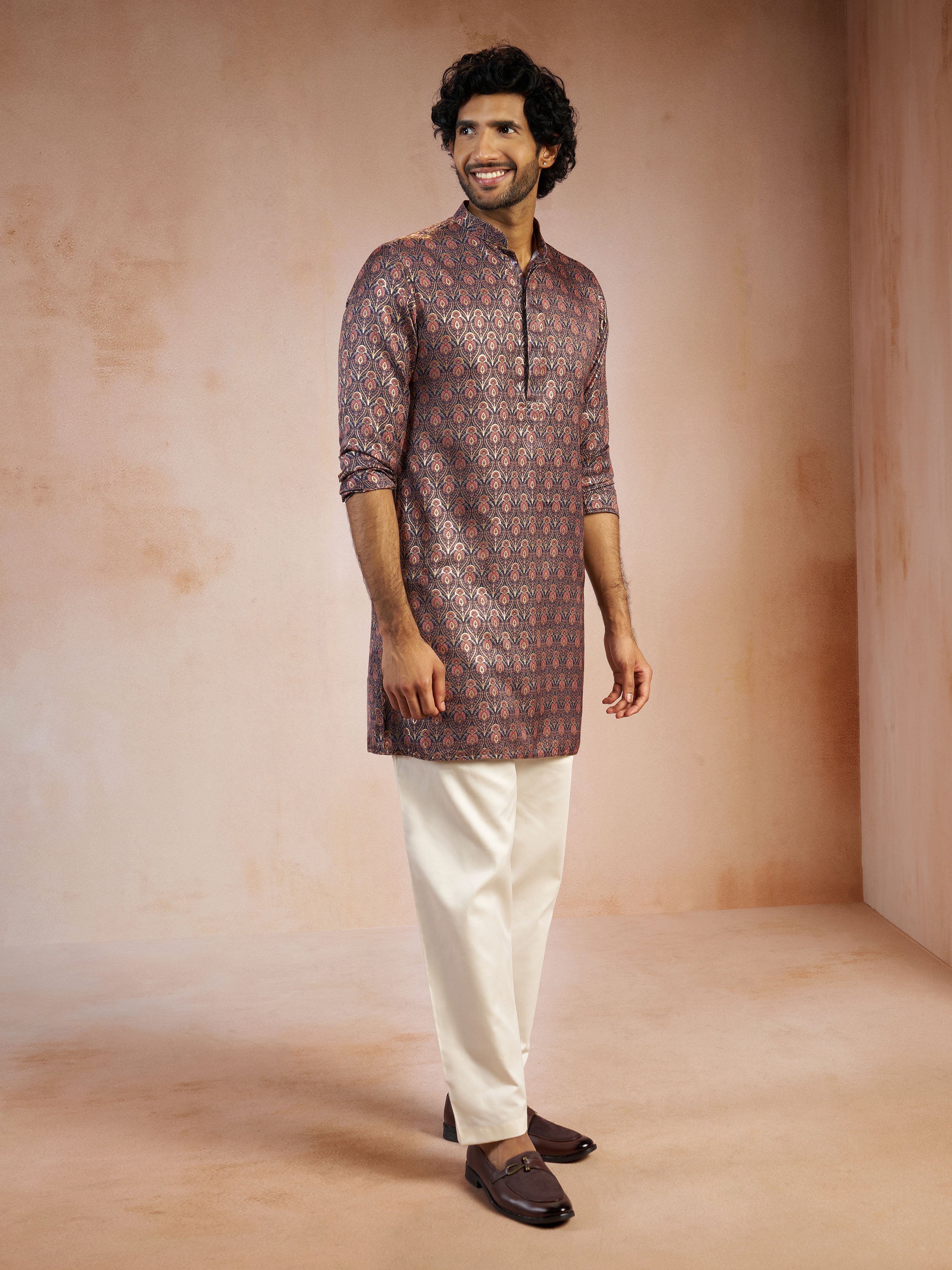 Men's Navy Blue Foil Print Silk Blend Straight Kurta with Cream Fine Satin Pyjama Set