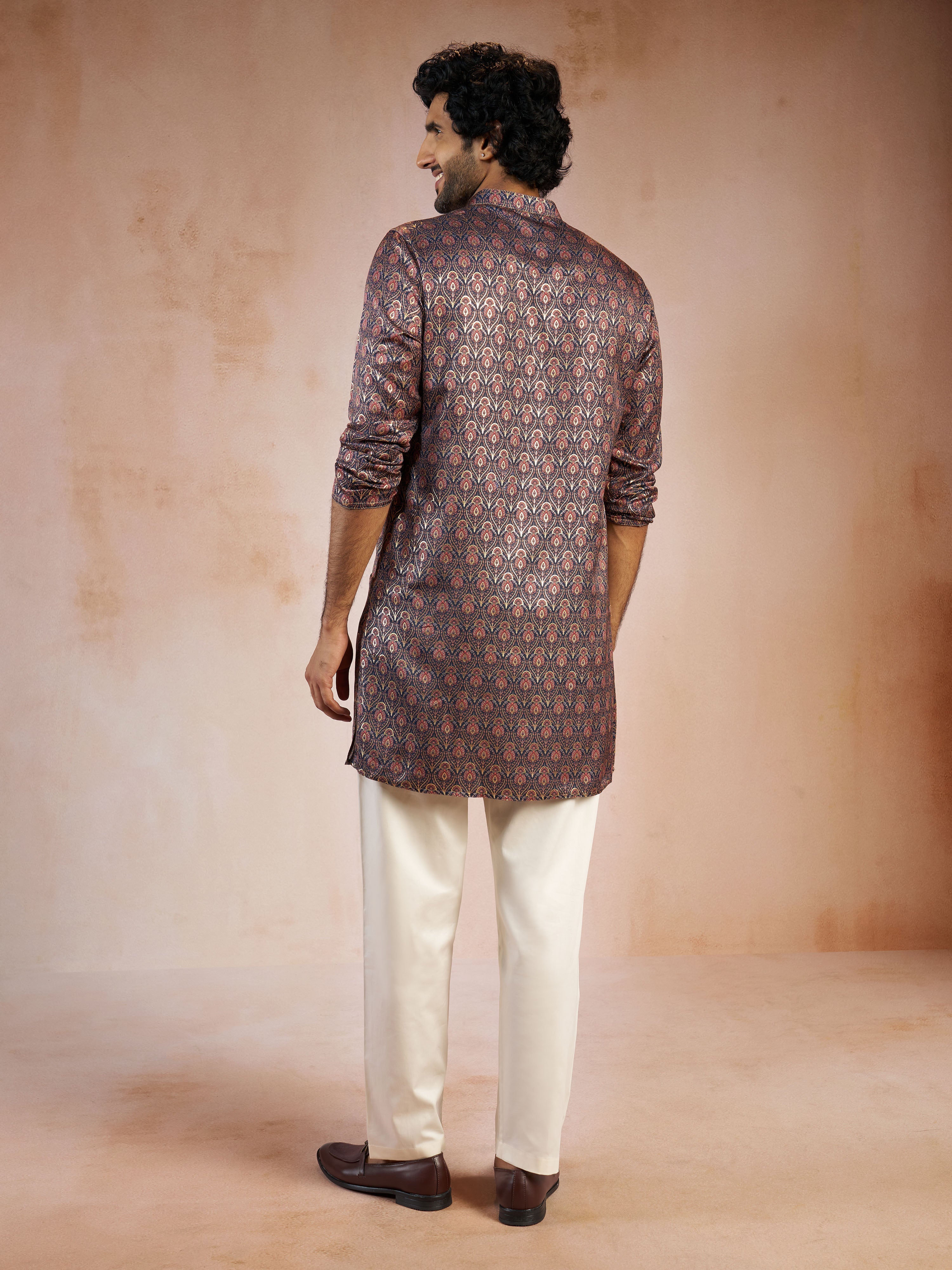 Men's Navy Blue Foil Print Silk Blend Straight Kurta with Cream Fine Satin Pyjama Set