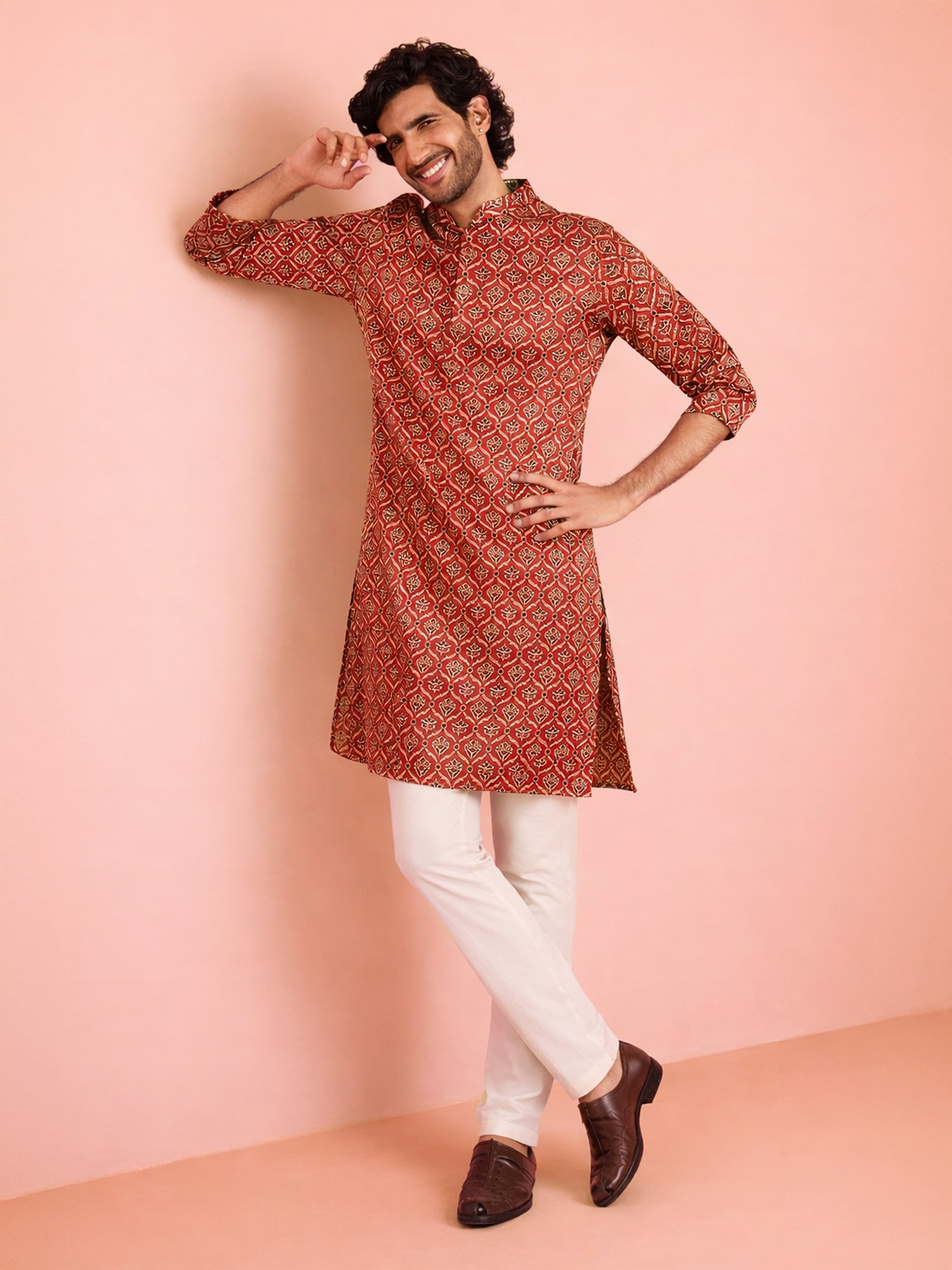 Men's Maroon Ajrak Print Silk Kurta & Cream Pyjama Set
