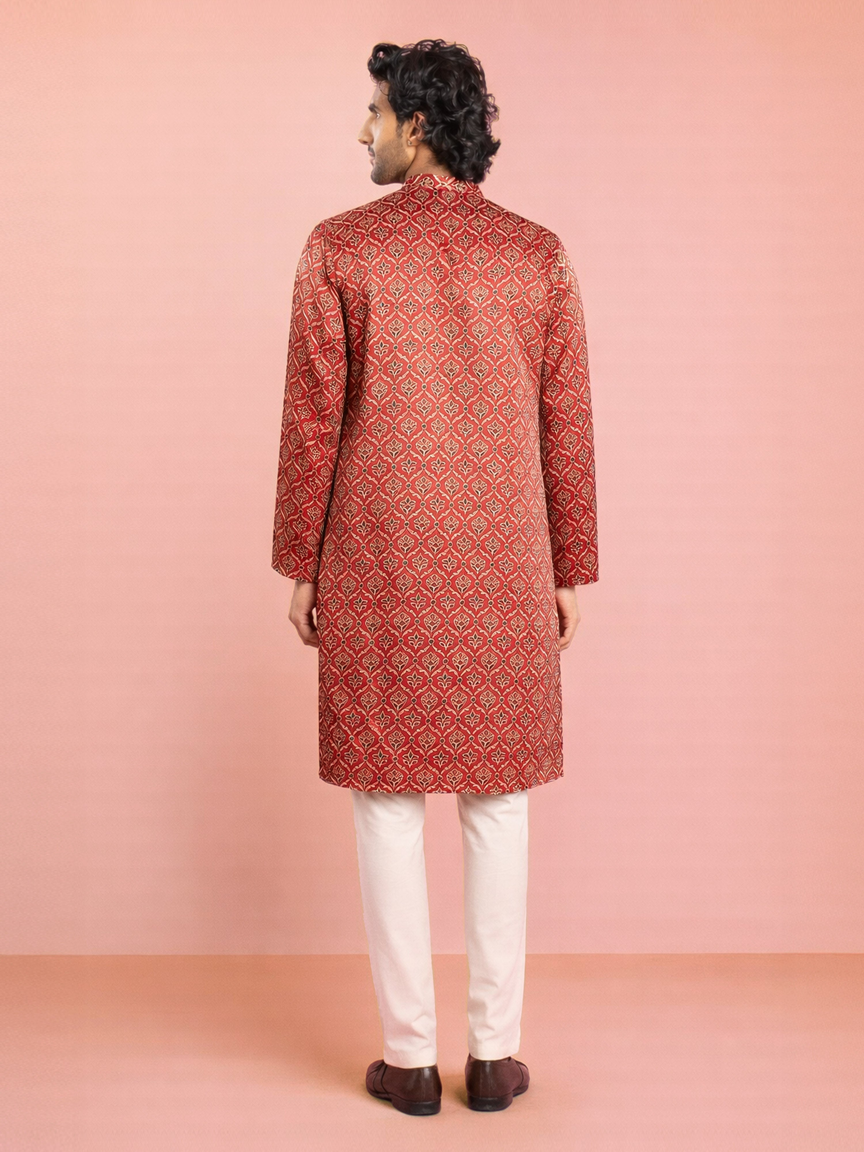 Men's Maroon Ajrak Print Silk Kurta & Cream Pyjama Set
