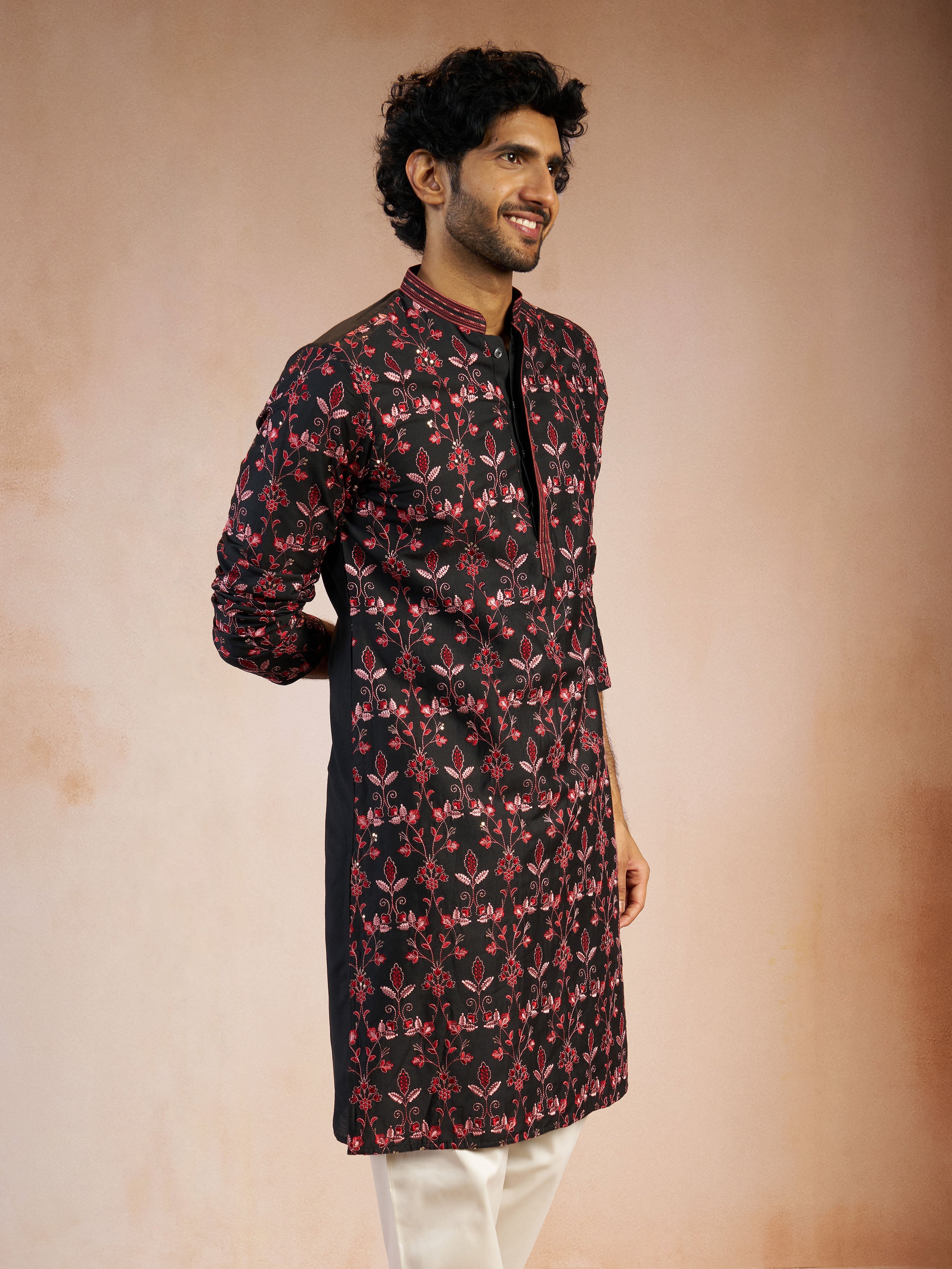 Men's Black All-Over Floral Thread Embroidered Viscose Silk Straight Kurta