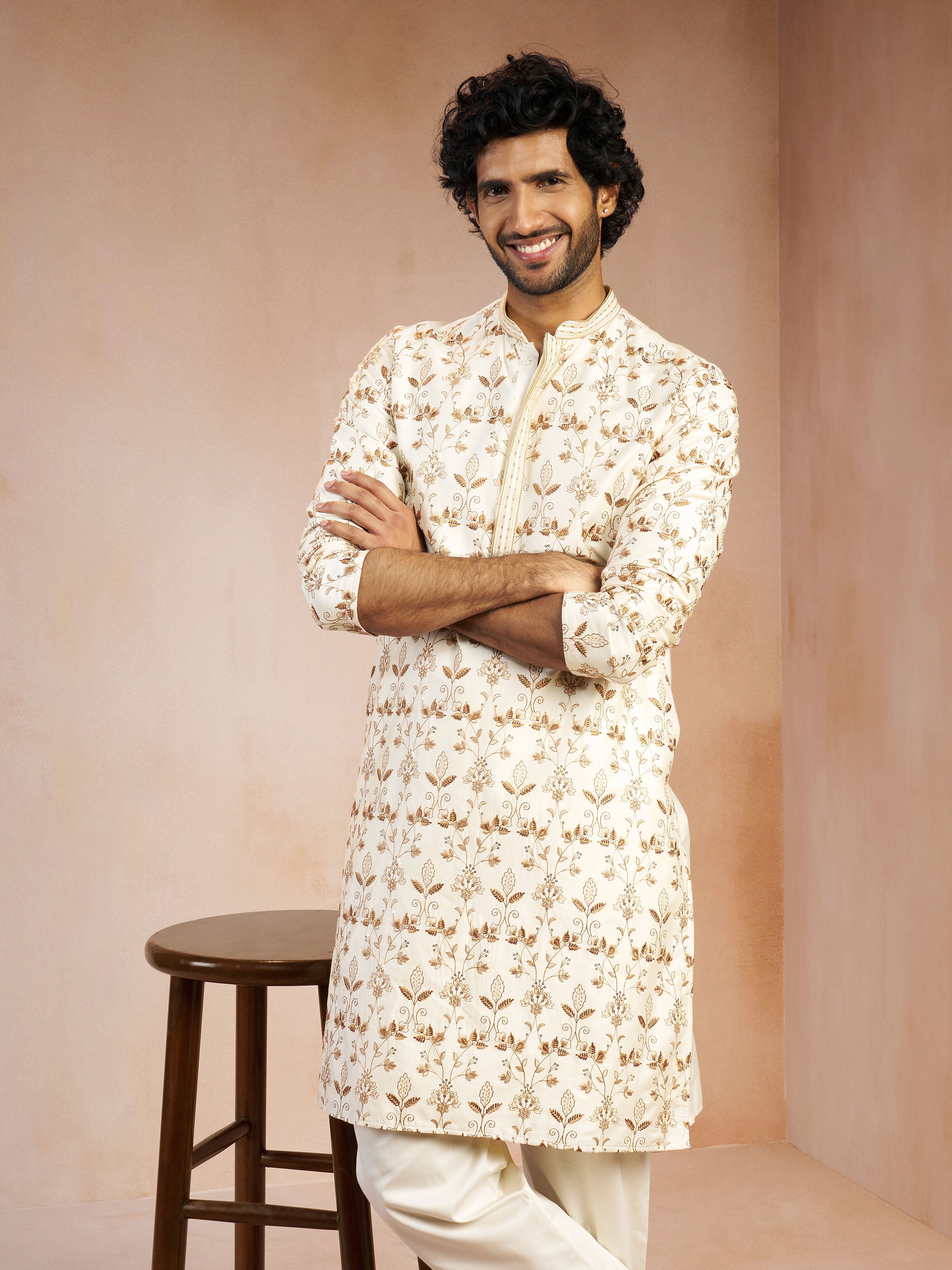 Men's Cream All-Over Floral Thread Embroidered Viscose Silk Straight Kurta