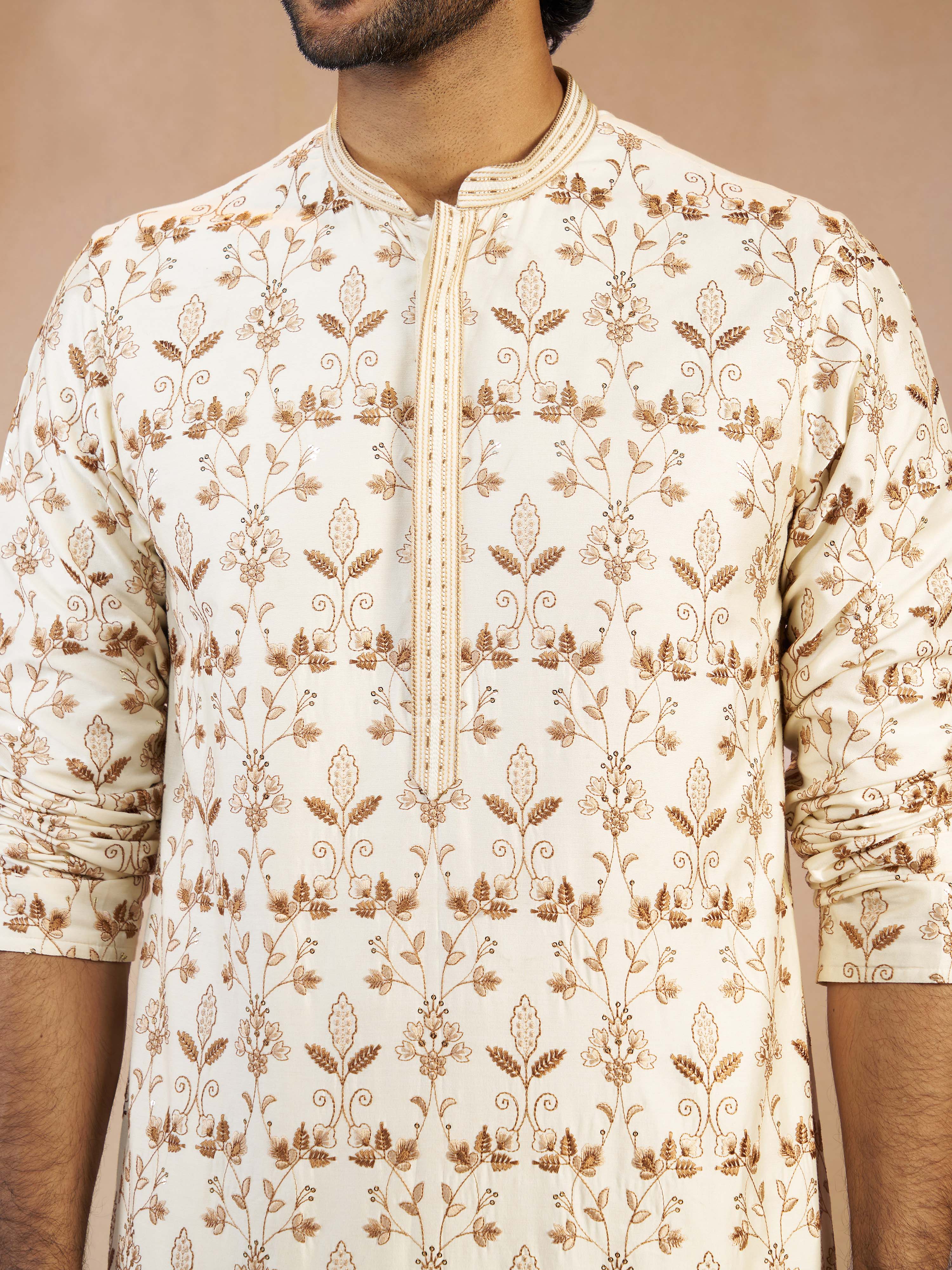 Men's Cream All-Over Floral Thread Embroidered Viscose Silk Straight Kurta