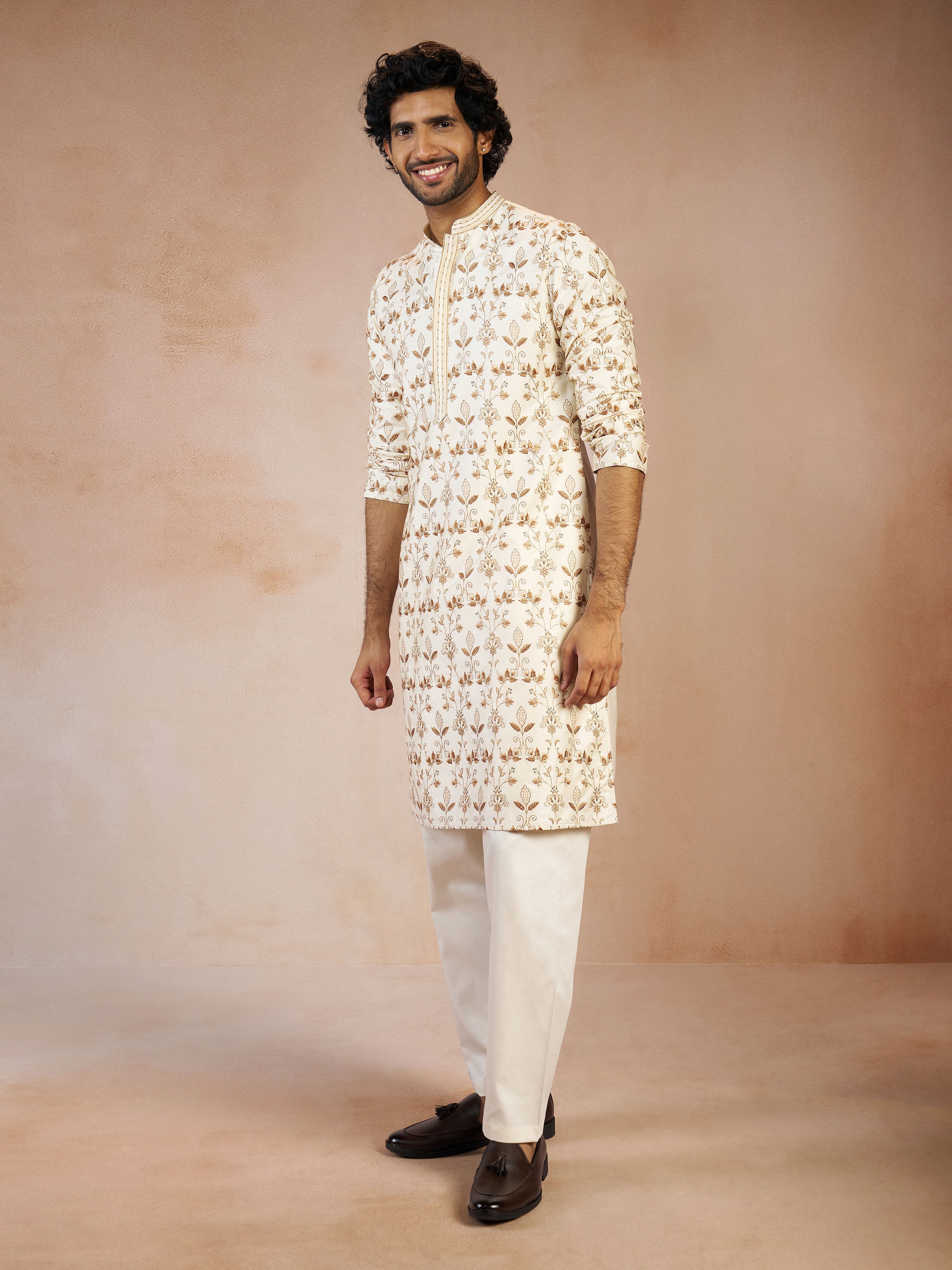 Men's Falsa All-Over Floral Thread Embroidered Viscose Silk Kurta with Cream Fine Satin Pyjama Set