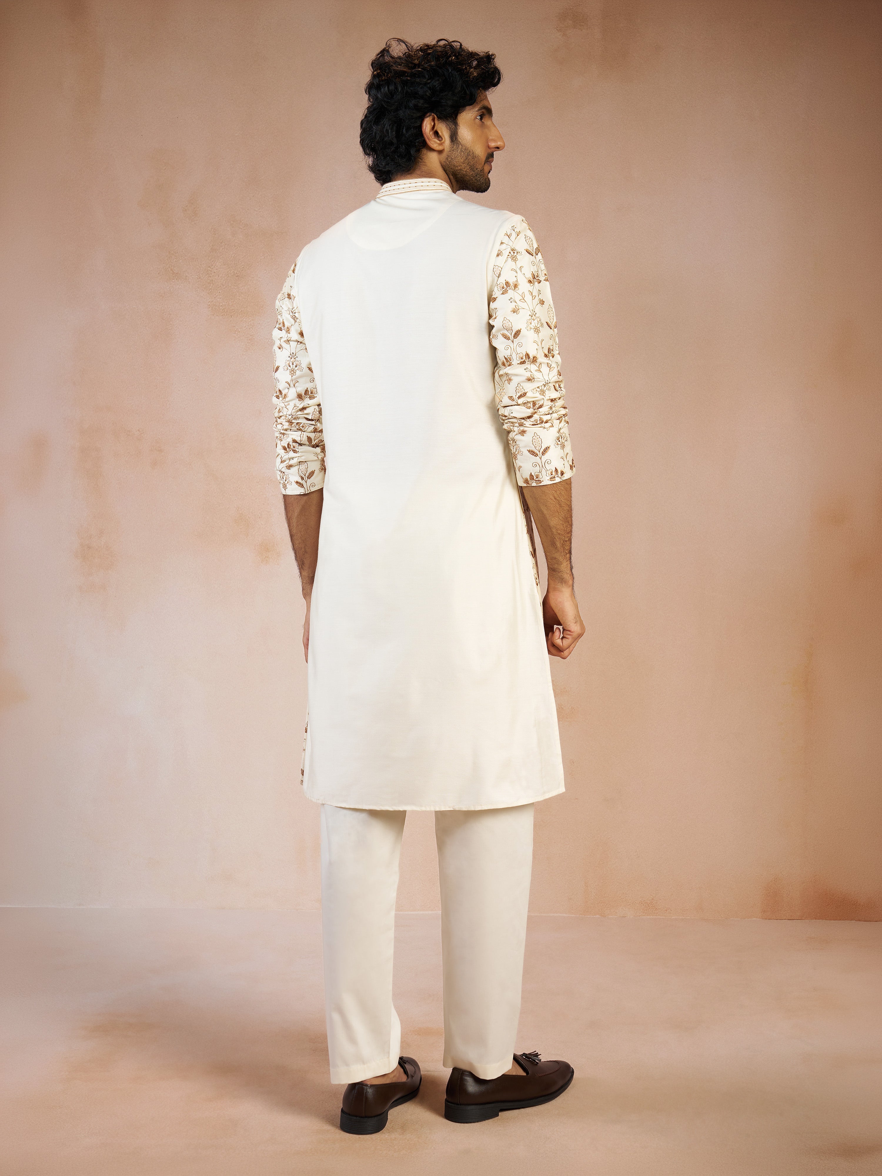 Men's Falsa All-Over Floral Thread Embroidered Viscose Silk Kurta with Cream Fine Satin Pyjama Set