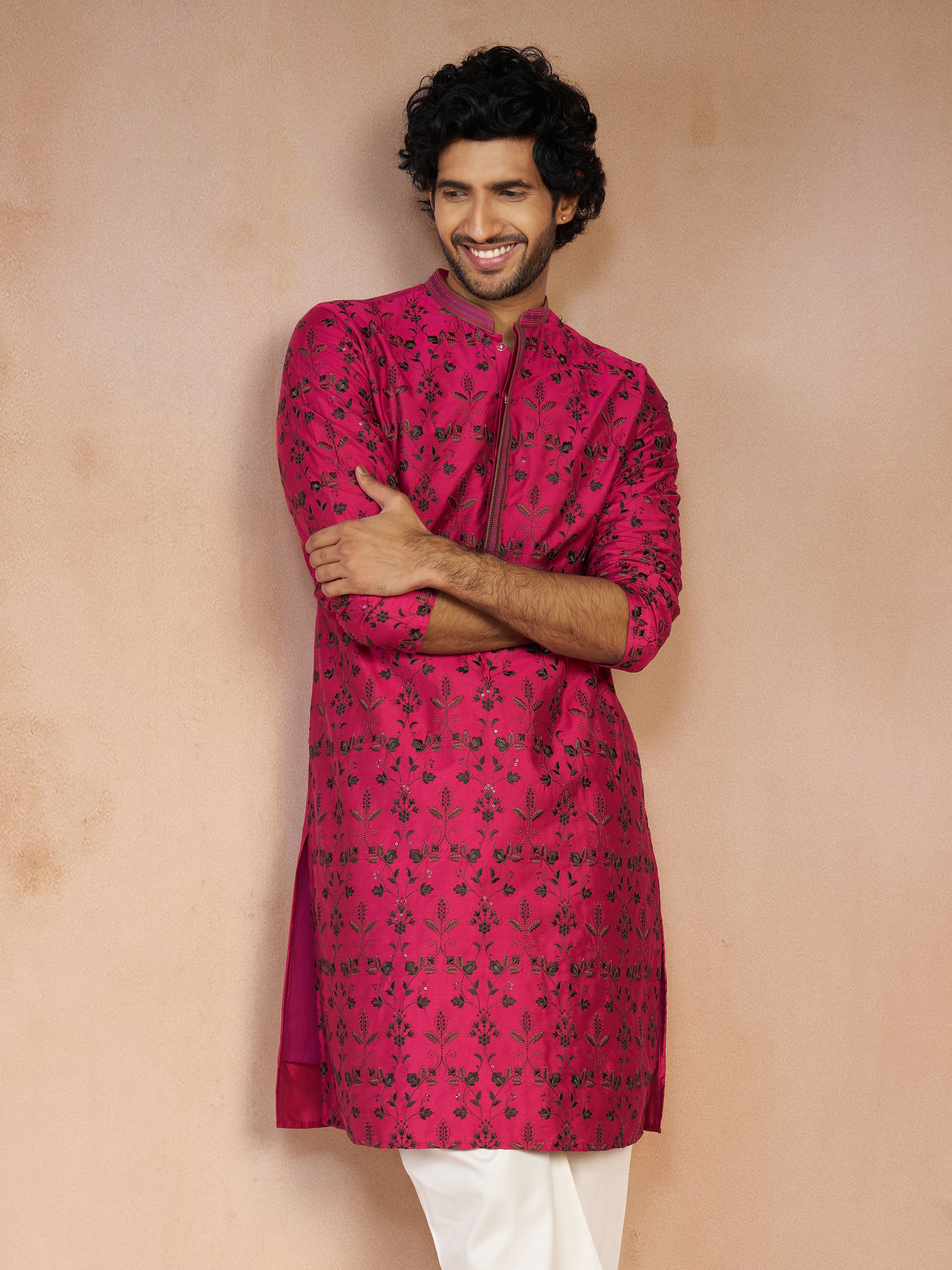 Men's Falsa All-Over Floral Thread Embroidered Viscose Silk Straight Kurta