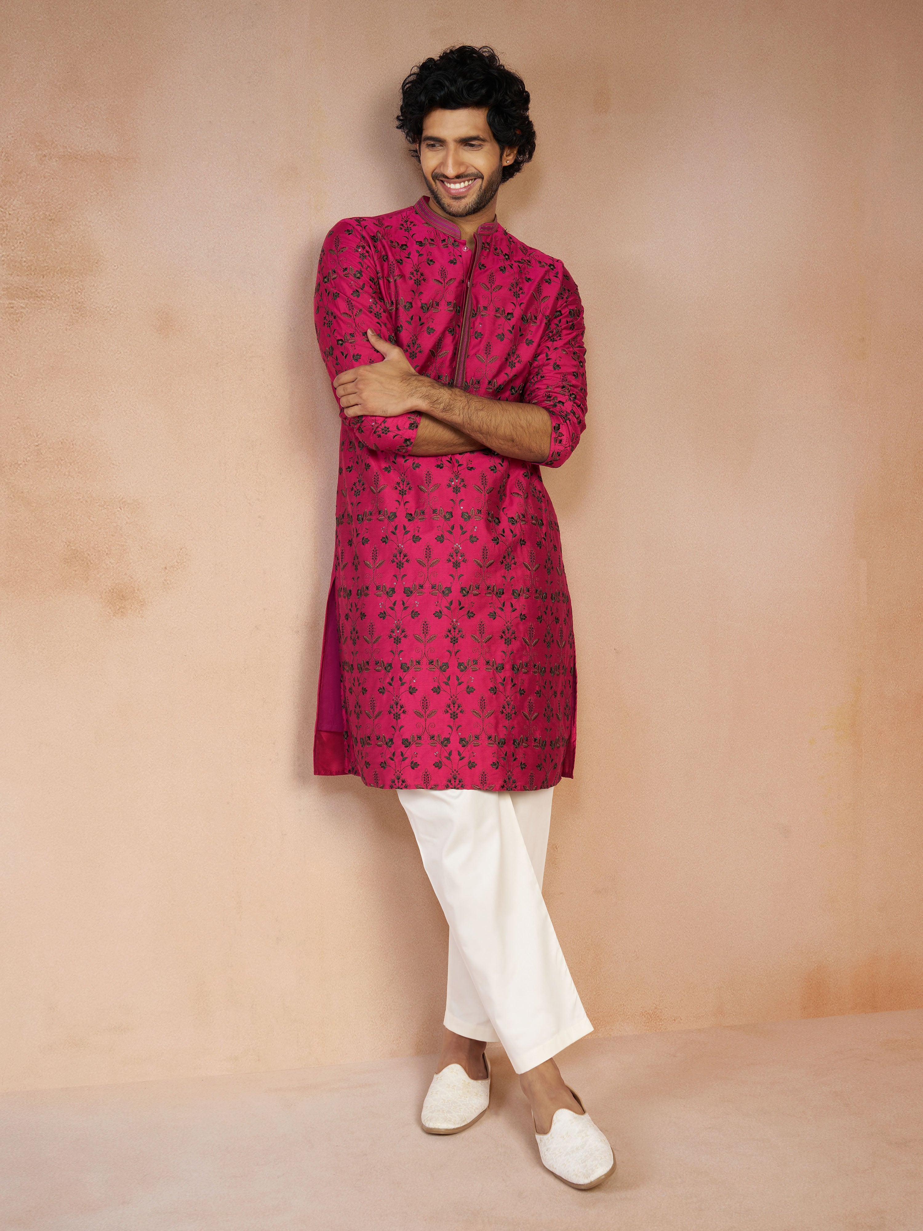 Men's Falsa All-Over Floral Thread Embroidered Viscose Silk Straight Kurta