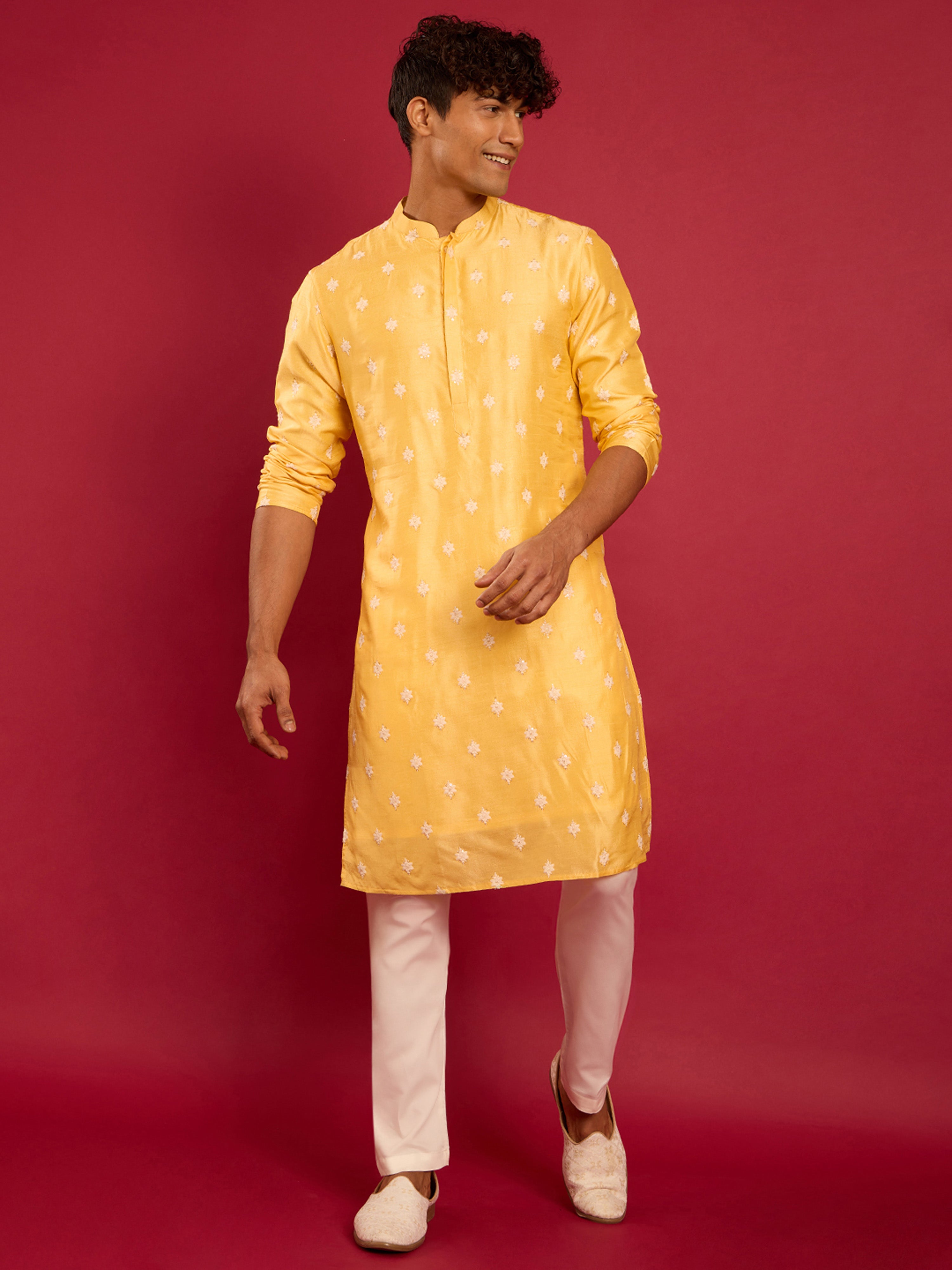 Men's Yellow Silk Thread Embroidered Kurta with Cream Fine Satin Pyjama Set
