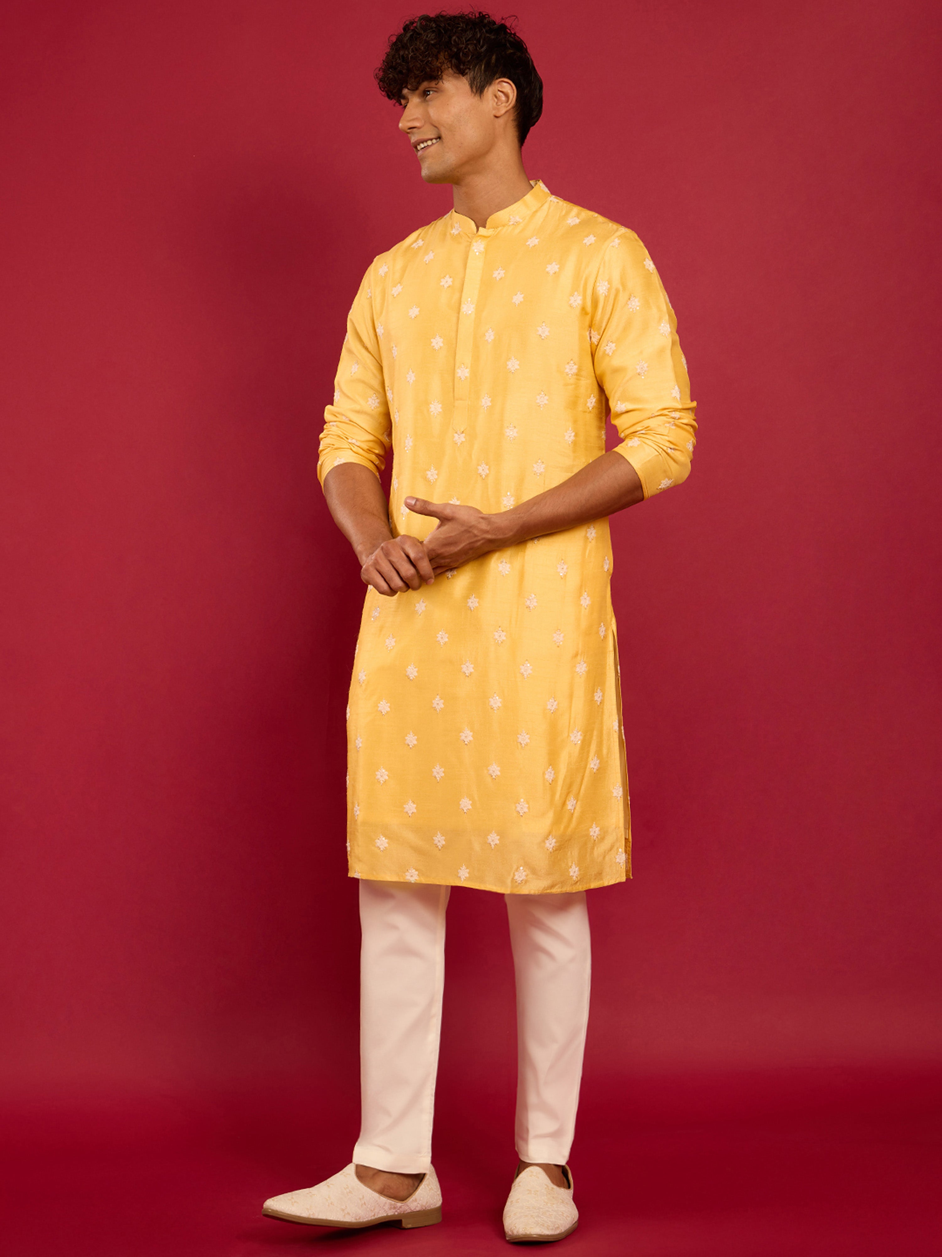Men's Yellow Silk Thread Embroidered Kurta with Cream Fine Satin Pyjama Set