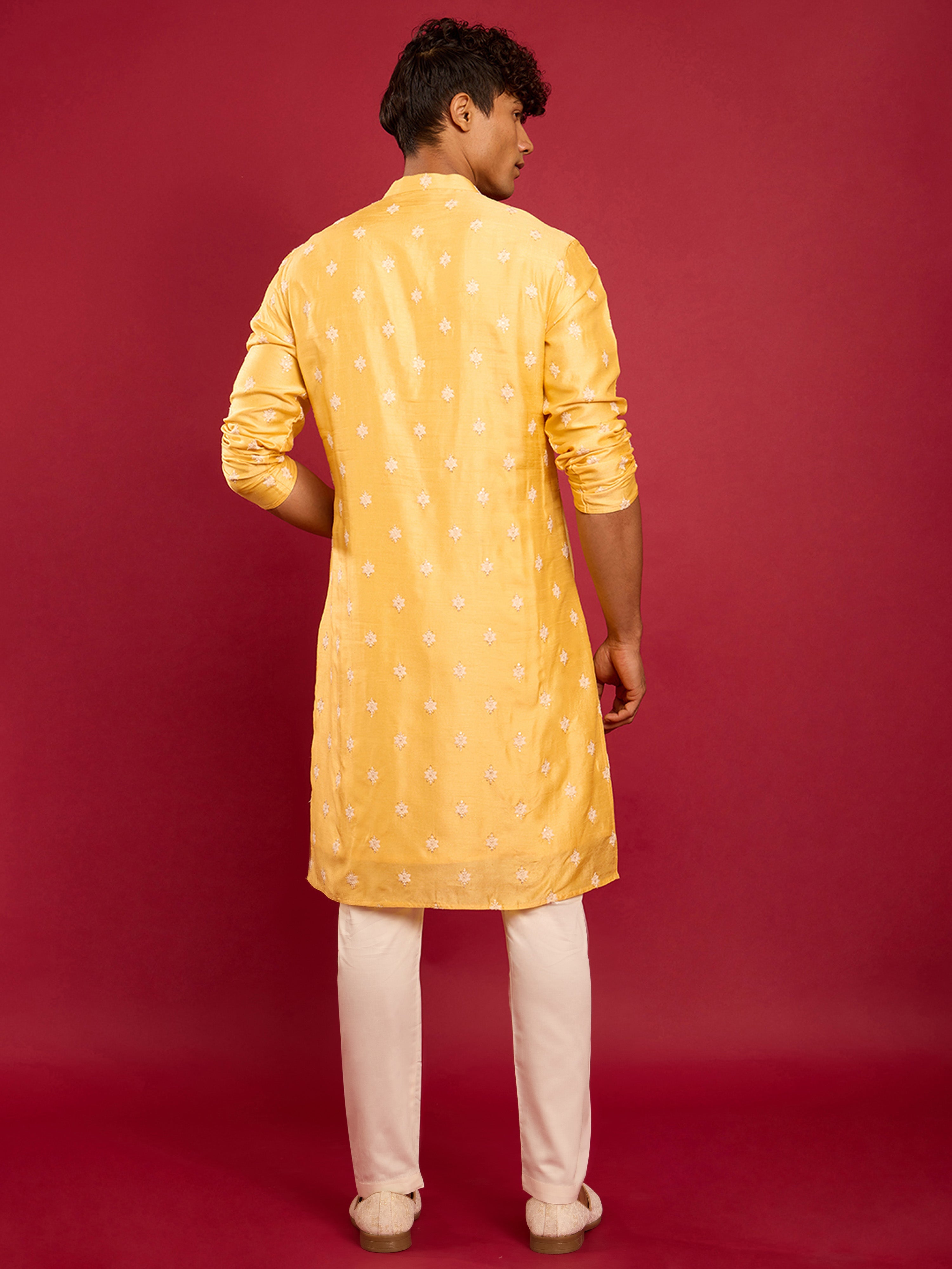 Men's Yellow Silk Thread Embroidered Kurta with Cream Fine Satin Pyjama Set