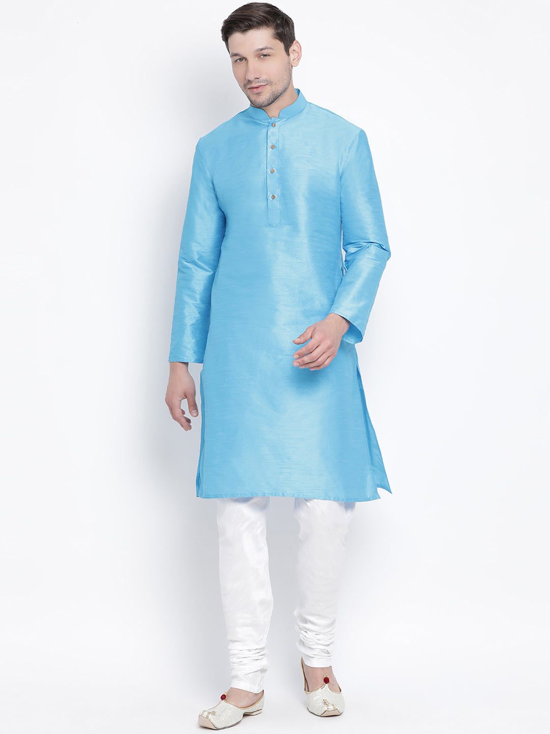 VM BY VASTRAMAY Men's Light Blue Cotton Silk Blend Kurta