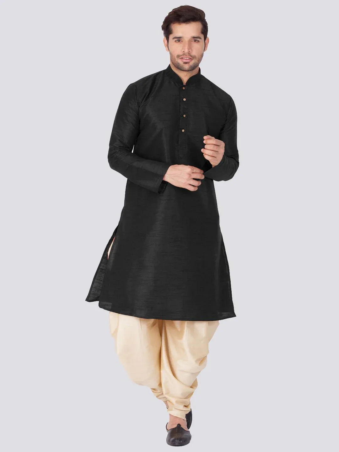 VASTRAMAY Men's Black Cotton Silk Blend Kurta and Dhoti Pant Set