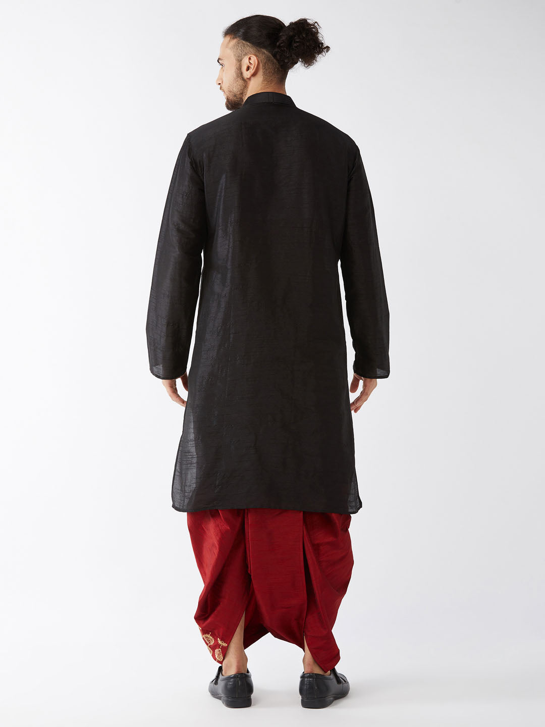 Men's Black And Maroon Silk Blend Kurta And Dhoti Set