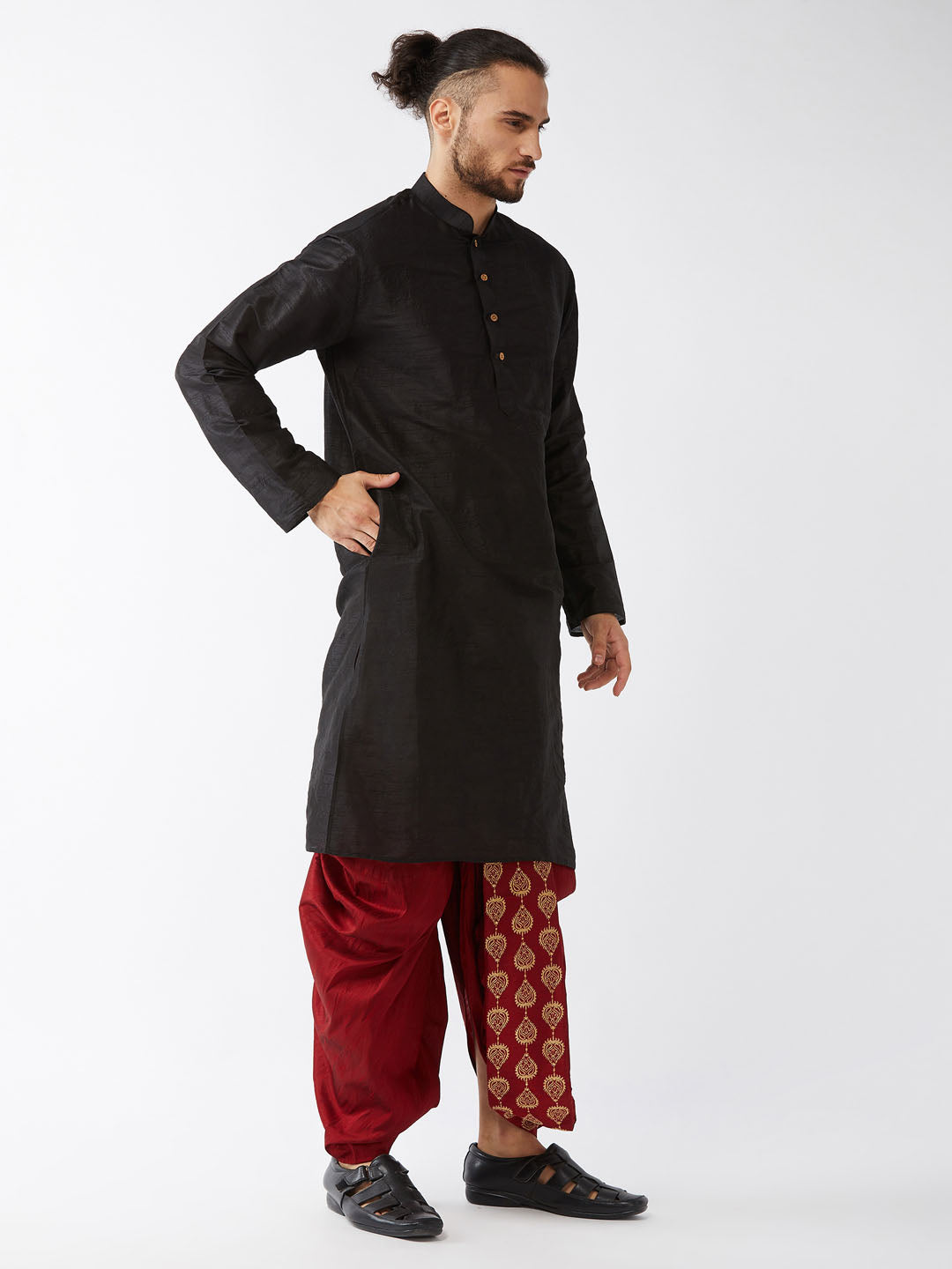 Men's Black And Maroon Silk Blend Kurta And Dhoti Set