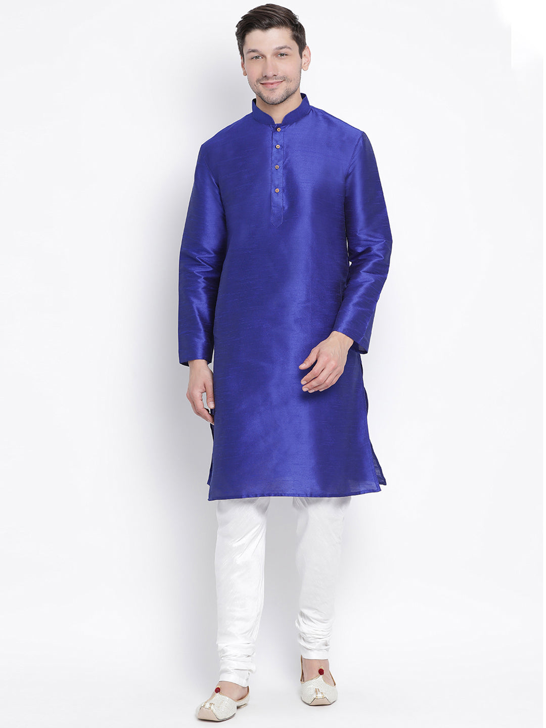 VM BY VASTRAMAY Men's Blue Cotton Silk Blend Kurta