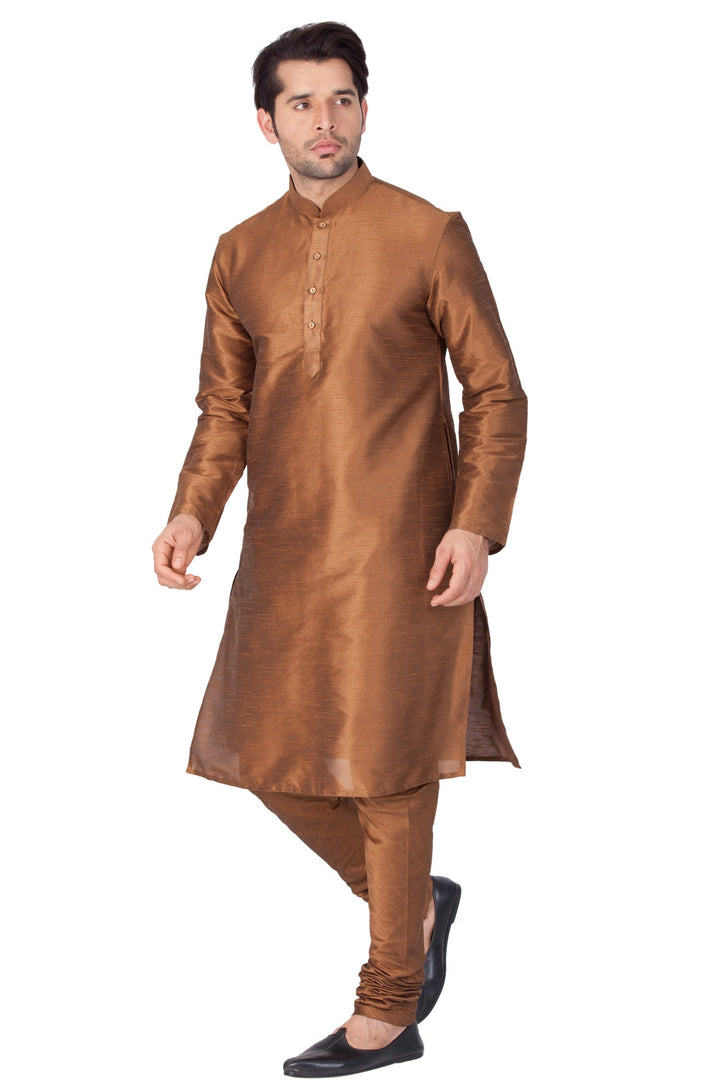 VM BY VASTRAMAY Men's Brown Cotton Silk Blend Kurta and Pyjama Set