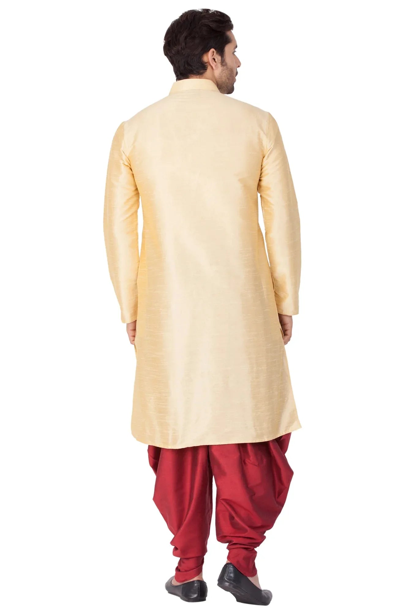 VASTRAMAY Men's Gold Cotton Silk Blend Kurta and Dhoti Pant Set
