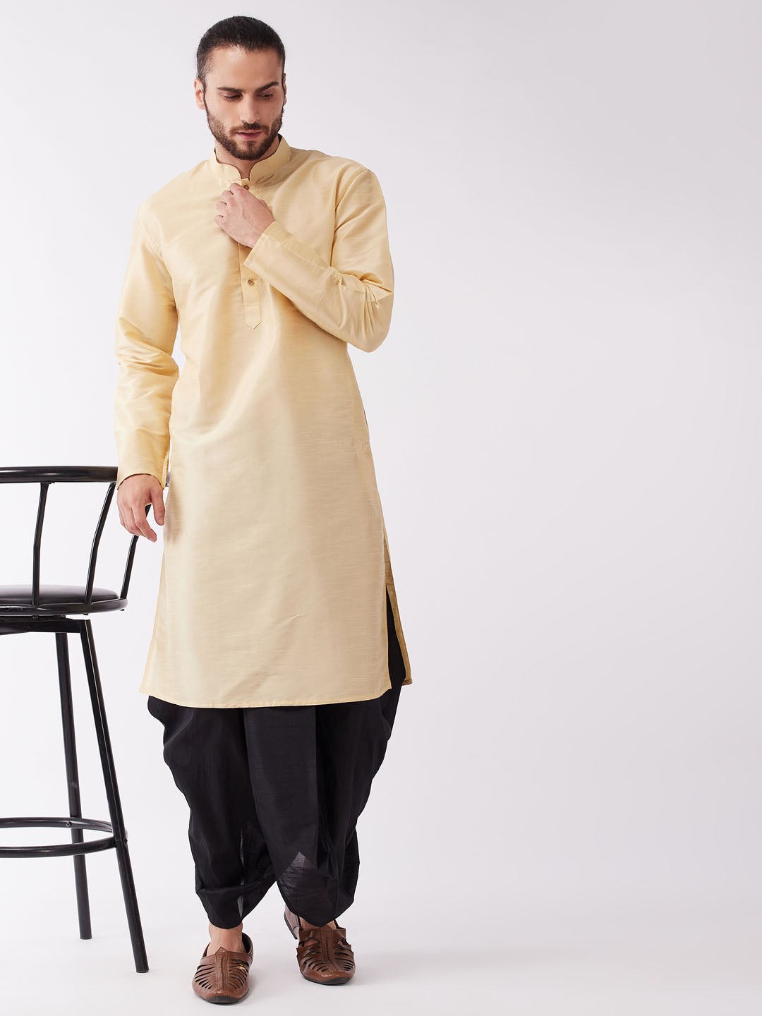 Men's Gold  Silk Blend Kurta And Black Dhoti Set