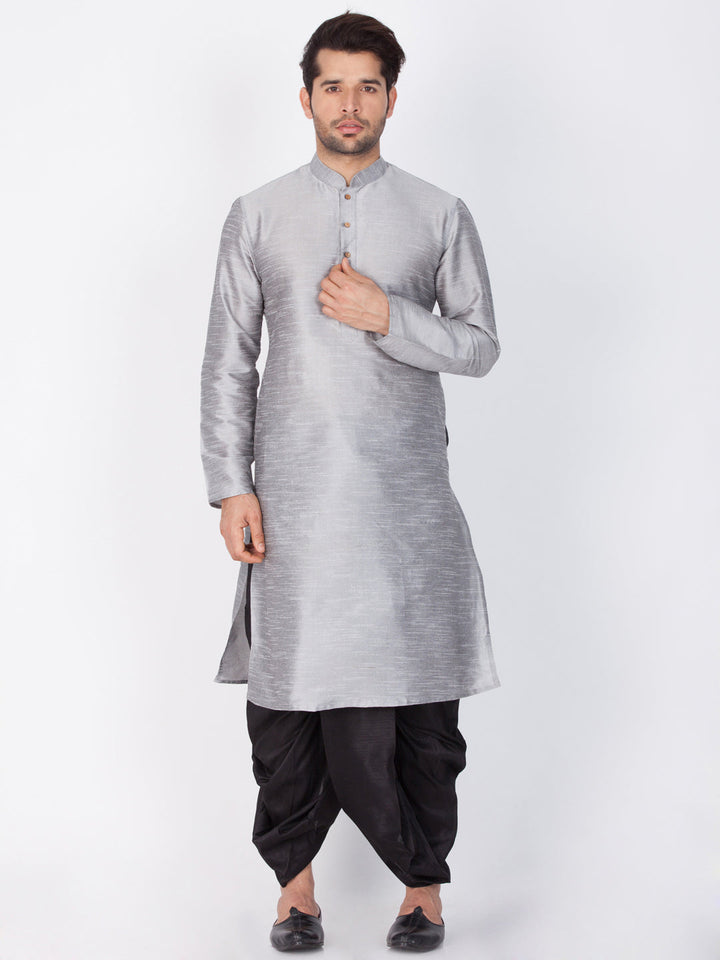 VM BY VASTRAMAY Men's Grey Cotton Silk Blend Kurta and Dhoti Pant Set