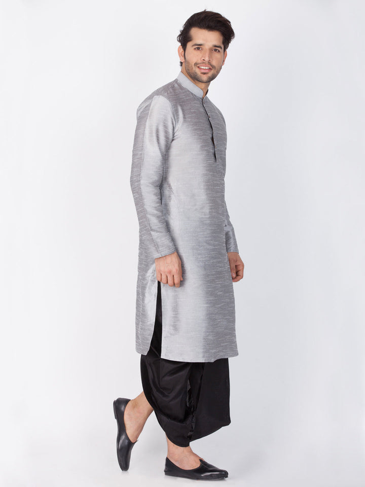 VM BY VASTRAMAY Men's Grey Cotton Silk Blend Kurta and Dhoti Pant Set