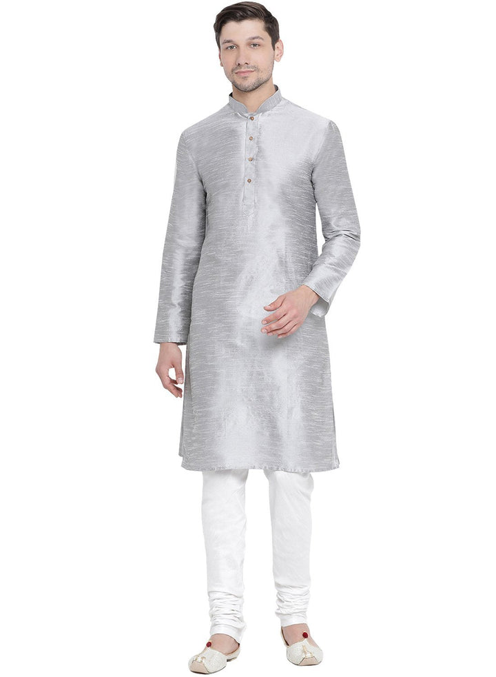 VM BY VASTRAMAY Men's Grey Cotton Silk Blend Kurta and Pyjama Set