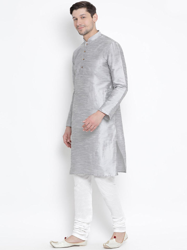 VM BY VASTRAMAY Men's Grey Cotton Silk Blend Kurta and Pyjama Set