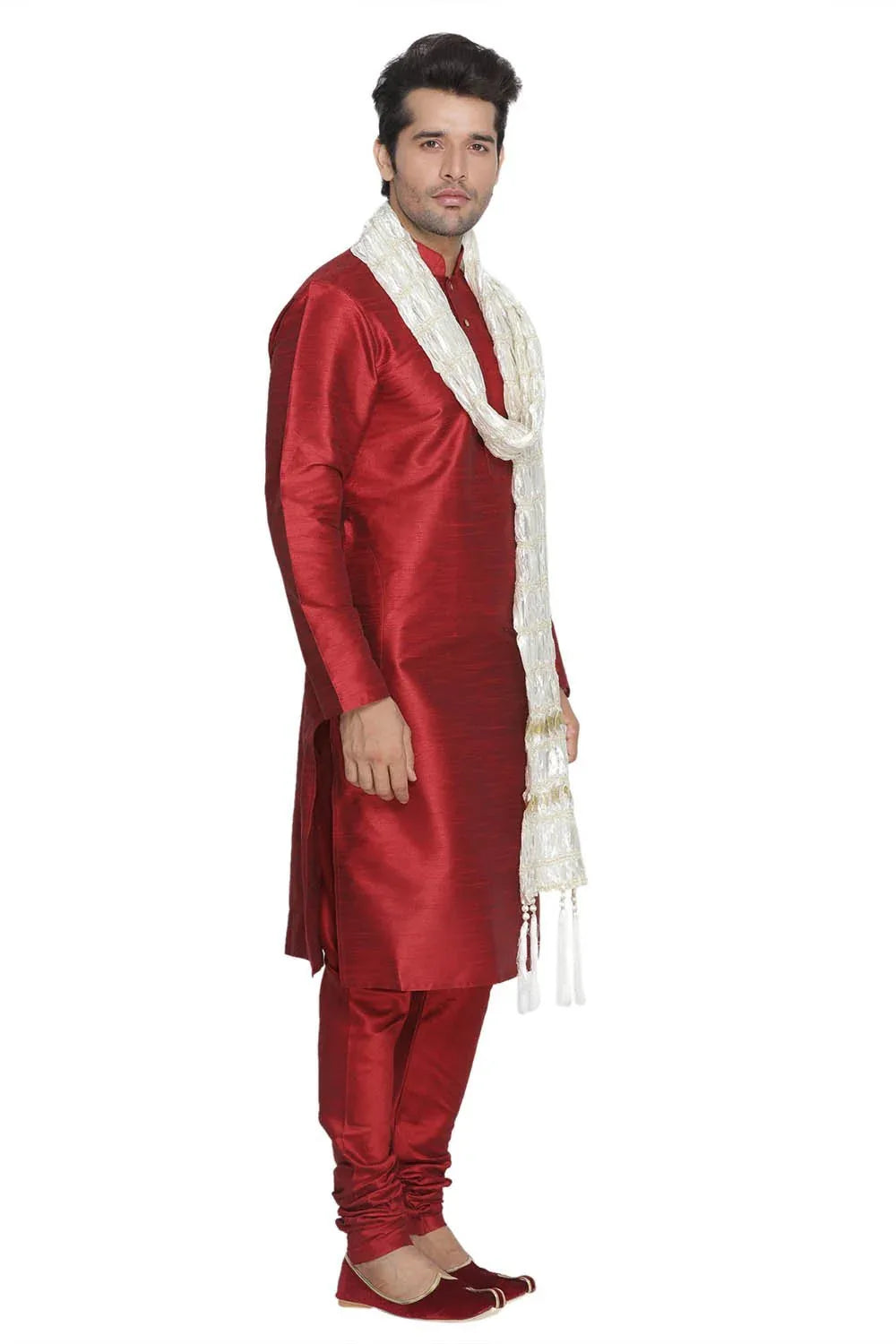 VASTRAMAY Men's Maroon Cotton Silk Blend Kurta, Pyjama & Dupatta Set