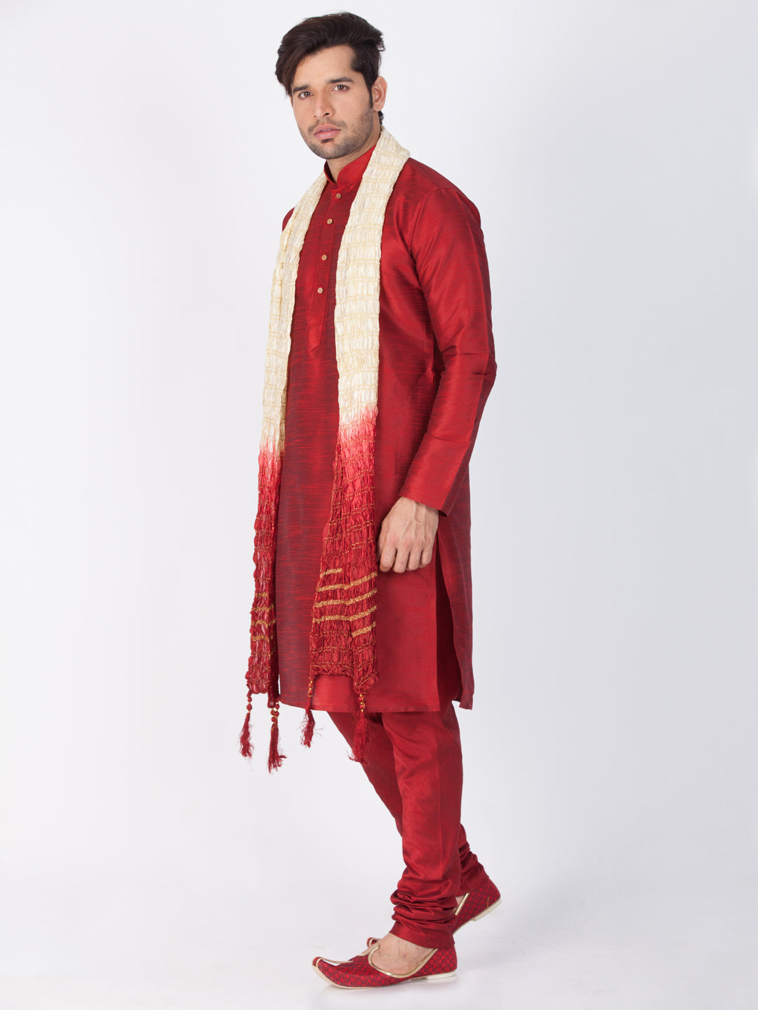 Vastramay Maroon Silk Blend Baap Beta Kurta Pyjama Dupatta set