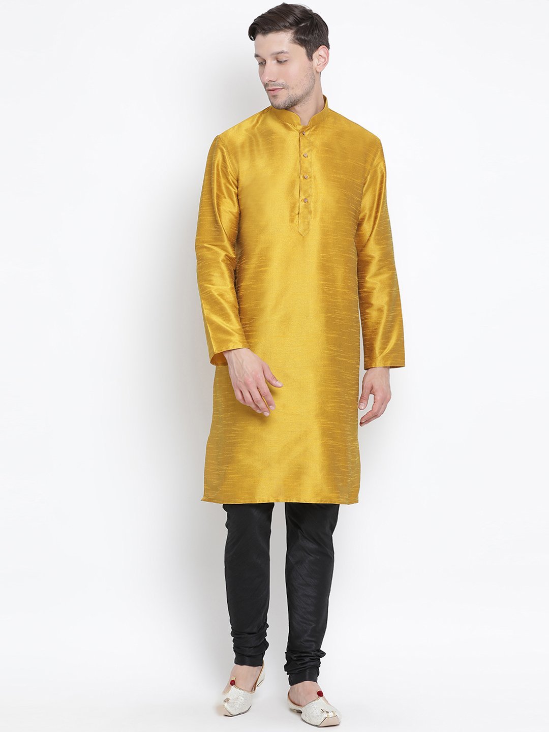 VM BY VASTRAMAY Men's Yellow Cotton Silk Blend Kurta and Pyjama Set