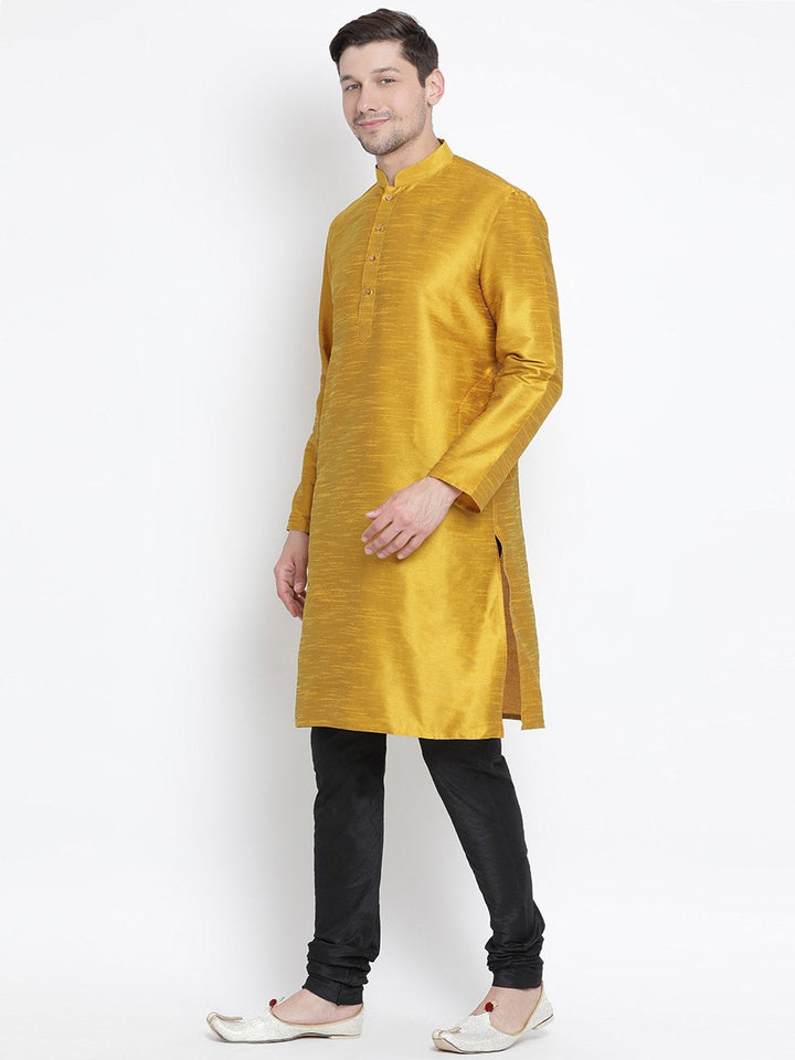 VM BY VASTRAMAY Men's Yellow Cotton Silk Blend Kurta and Pyjama Set