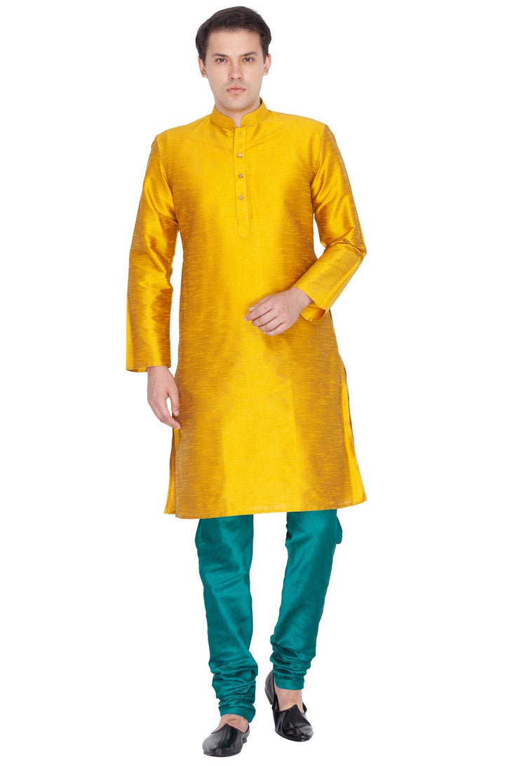 VM BY VASTRAMAY Men's Gold Cotton Silk Blend Kurta and Pyjama Set