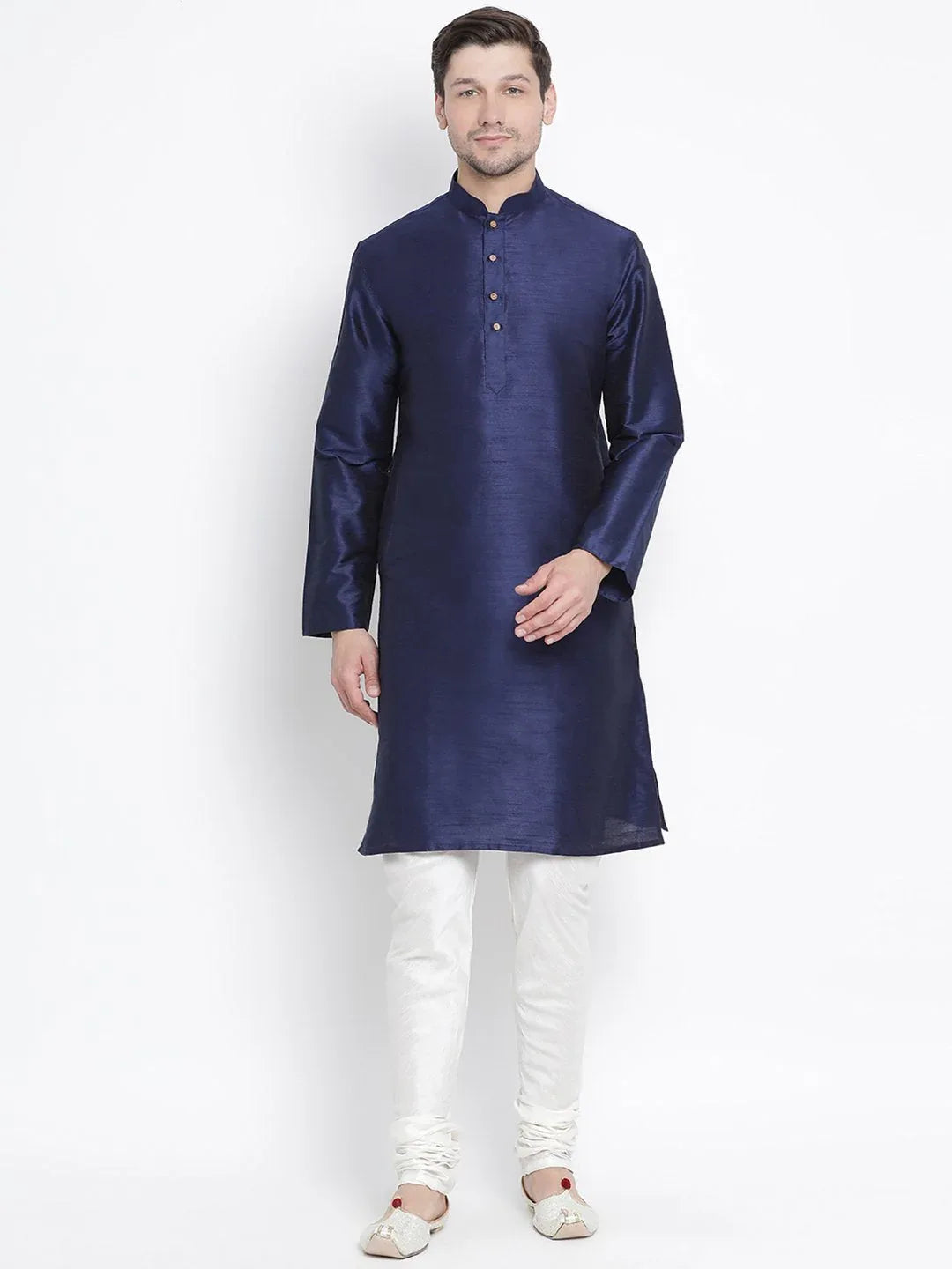 VASTRAMAY Men's Dark Blue Cotton Silk Blend Kurta and Pyjama Set