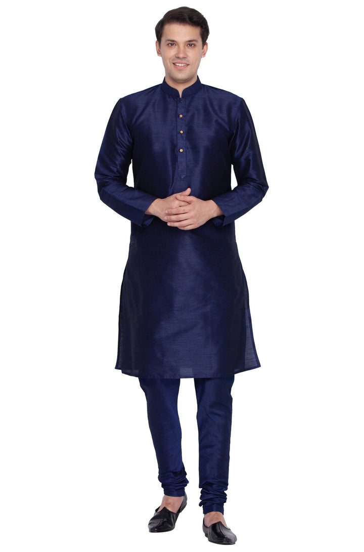 VM BY VASTRAMAY Men's Dark Blue Cotton Silk Blend Kurta and Pyjama Set