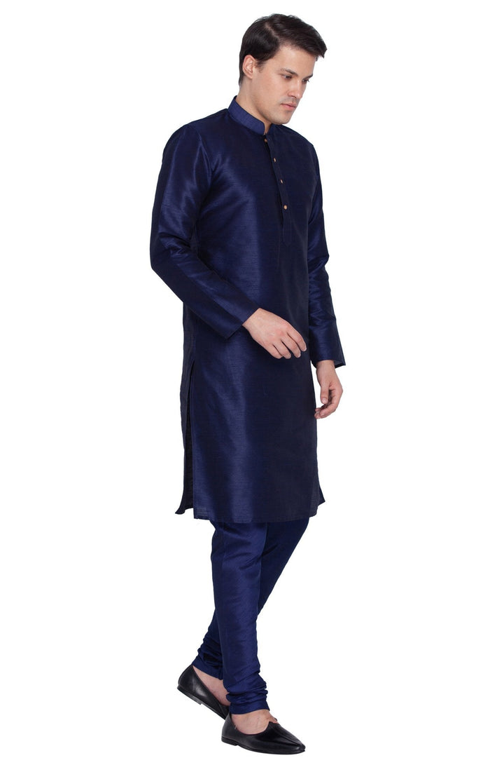 VM BY VASTRAMAY Men's Dark Blue Cotton Silk Blend Kurta and Pyjama Set