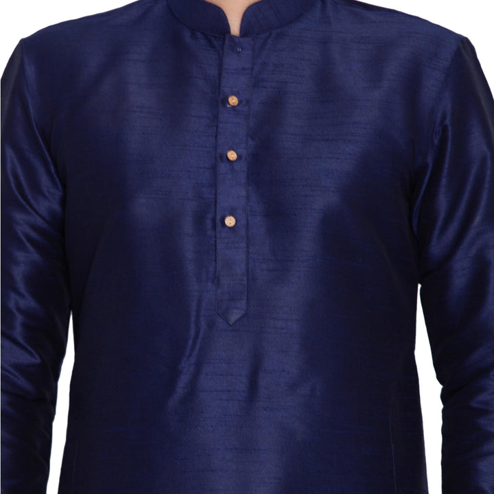 VM BY VASTRAMAY Men's Dark Blue Cotton Silk Blend Kurta and Pyjama Set