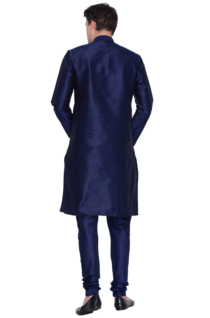 VM BY VASTRAMAY Men's Dark Blue Cotton Silk Blend Kurta and Pyjama Set