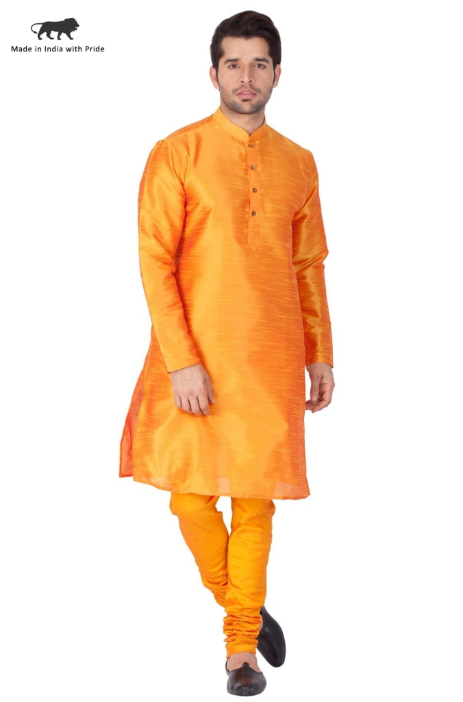 VM BY VASTRAMAY Men's Orange Cotton Silk Blend Kurta and Pyjama Set